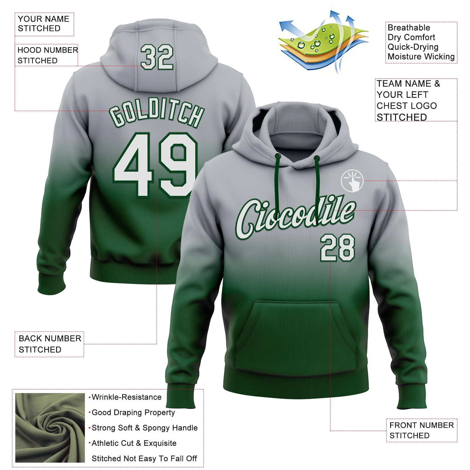 Custom Stitched Gray White-Green Fade Fashion Sports Pullover Sweatshirt Hoodie
