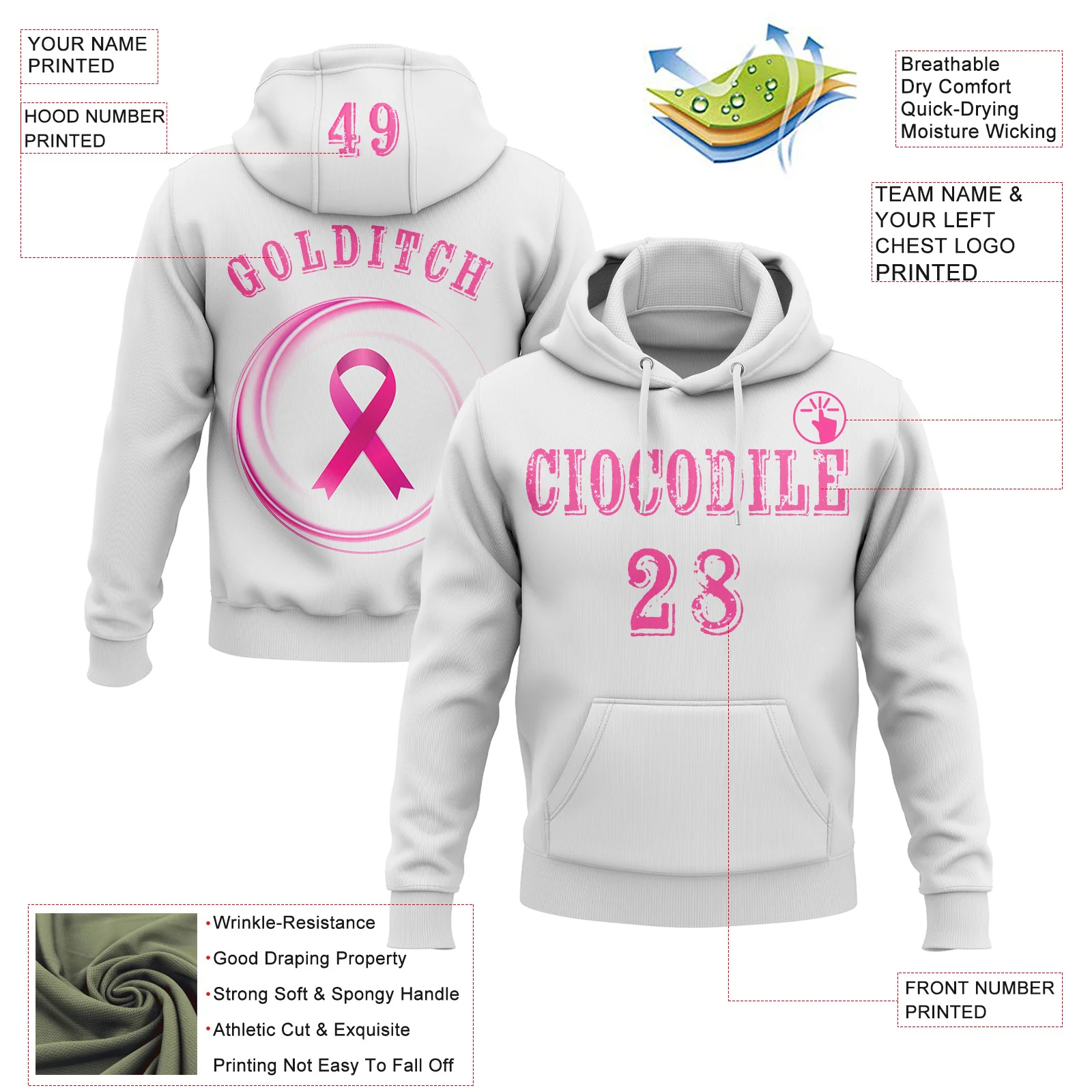 Custom White Pink 3D Pink Ribbon Breast Cancer Awareness Women Health Care Support Sports Pullover Sweatshirt Hoodie