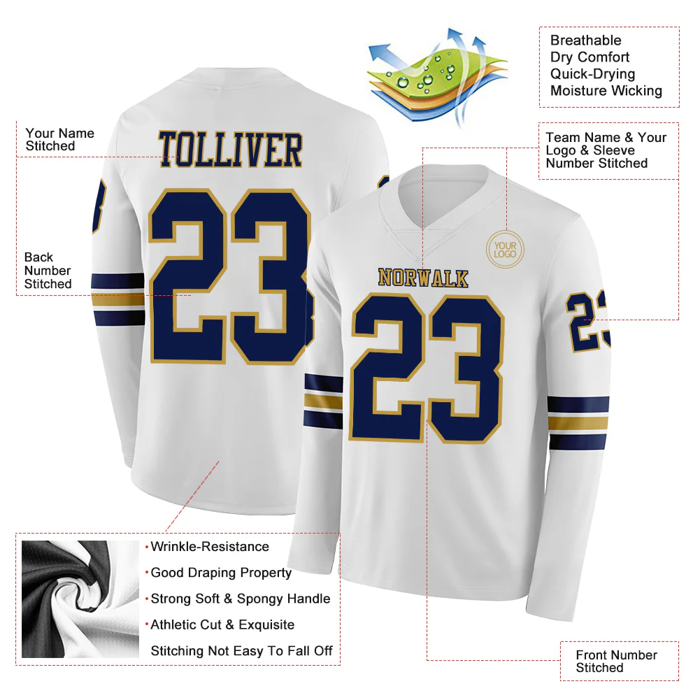 Custom White Navy-Old Gold Long Sleeve Authentic Football Jersey
