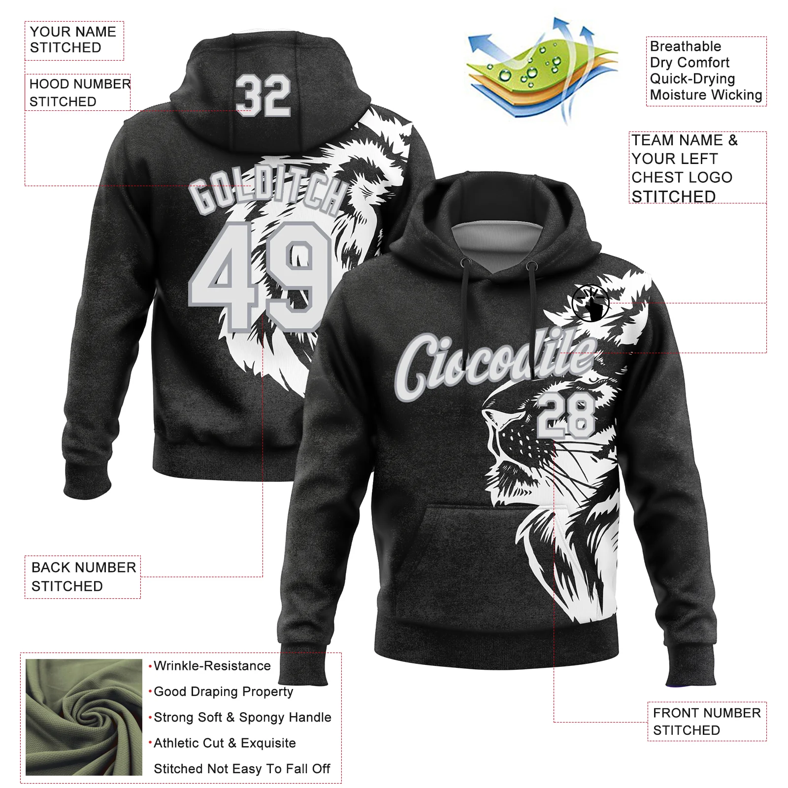 Custom Stitched Black White-Gray 3D Pattern Design Animal Lion Sports Pullover Sweatshirt Hoodie