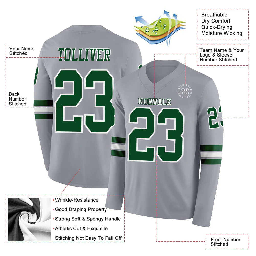 Custom Gray Green-White Long Sleeve Authentic Football Jersey