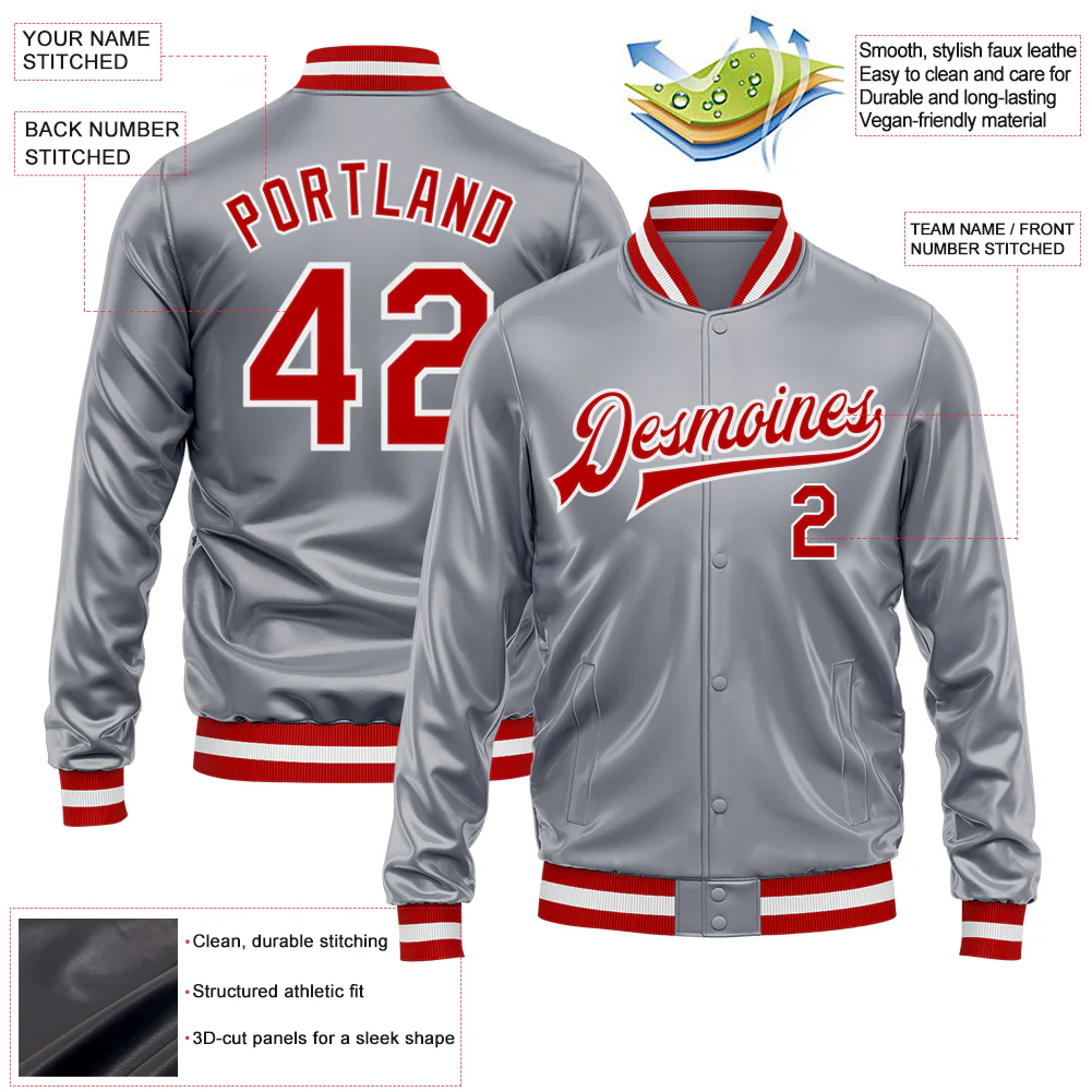 Custom Gray Red-White Bomber Full-Snap Varsity Faux Leather Letterman Jacket