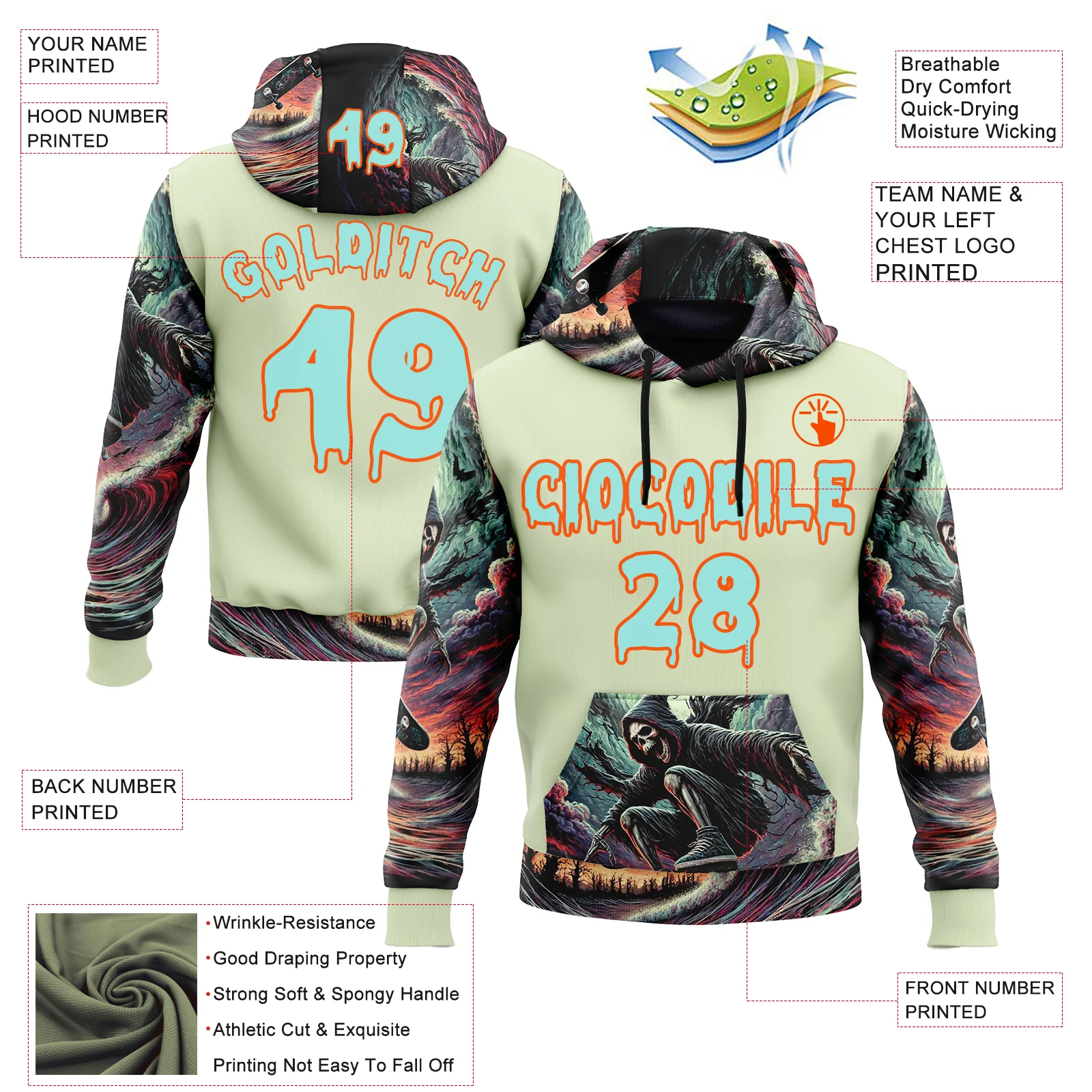 Custom Green Ice Blue-Orange 3D Skull Hell Sports Pullover Sweatshirt Hoodie