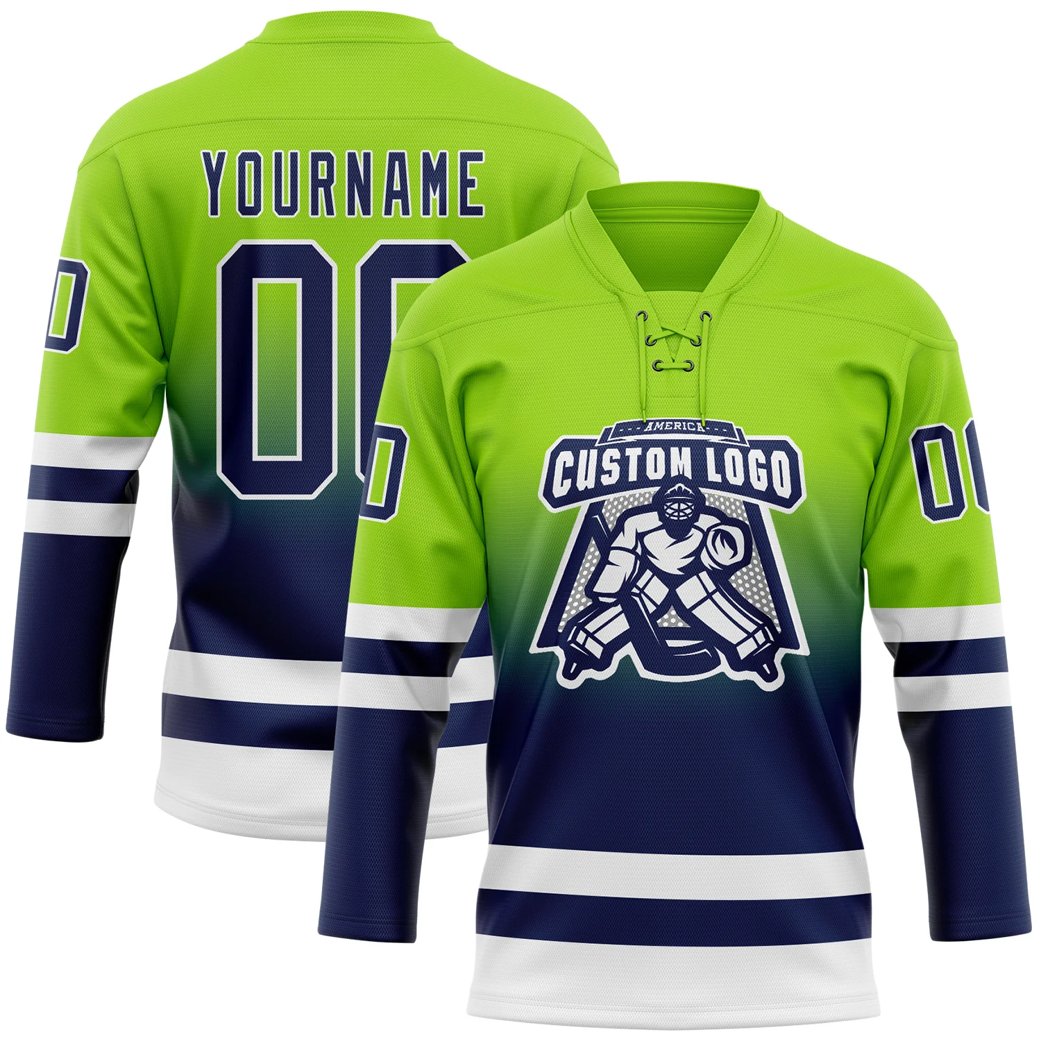 Custom Neon Green Navy-White Fade Fashion Hockey Lace Neck Jersey
