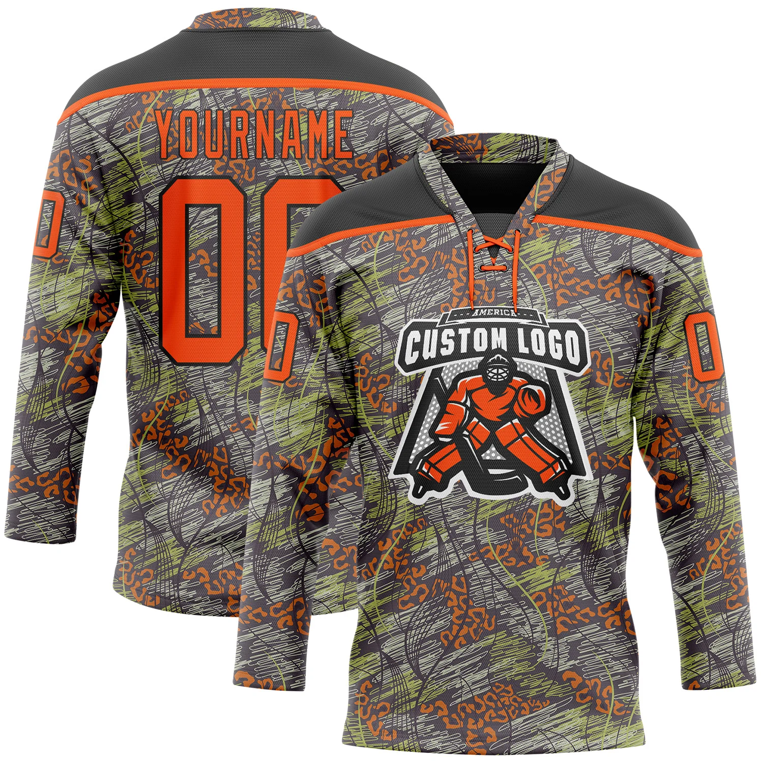 Custom Camo Orange-Black 3D Camouflage Grunge Leopard Hockey Lace Neck Jersey