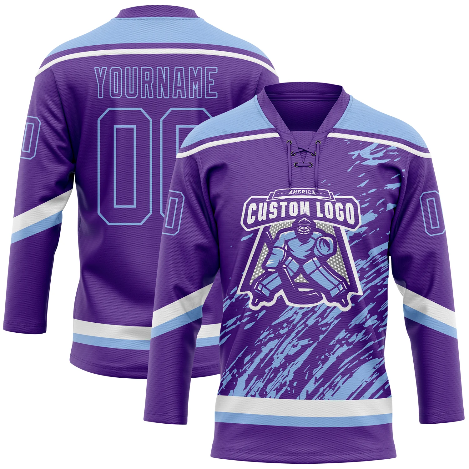 Custom Purple Light Blue-White 3D Splash Art Hockey Lace Neck Jersey