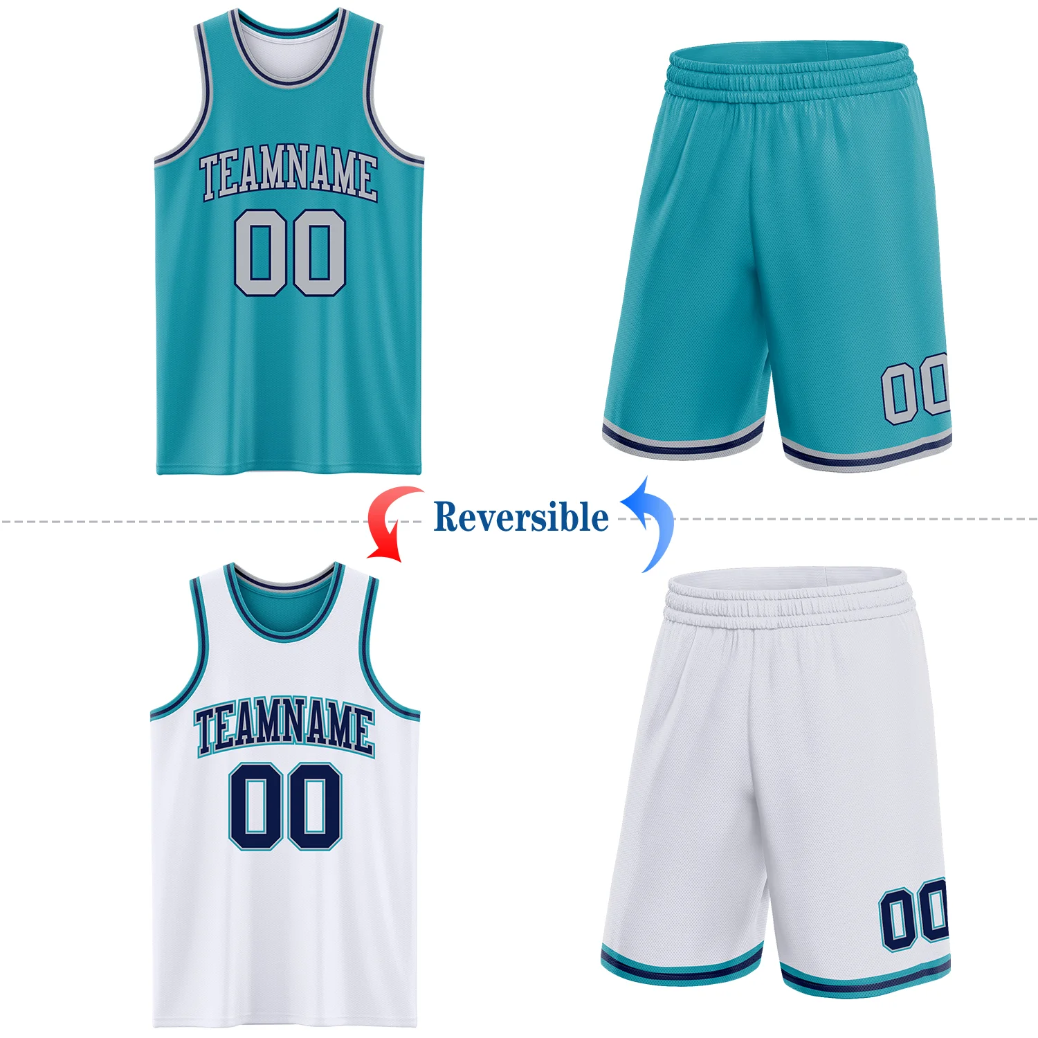 Custom Reversible Teal Gray-Navy Double Side Sublimation Basketball Suit Jersey