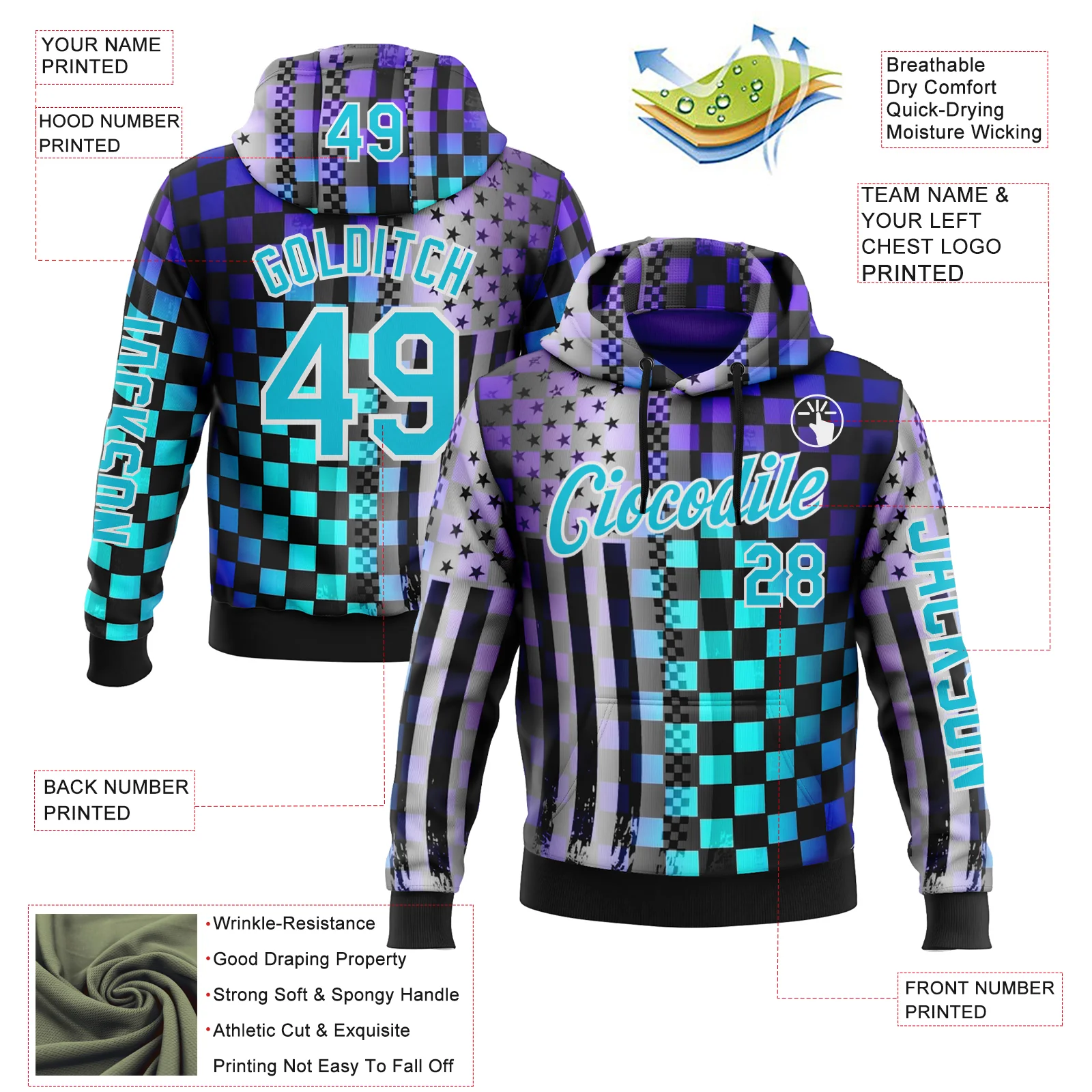 Custom Black Lakes Blue Purple-White 3D Pattern Design Formula Auto Car Racing Motorsport Sports Pullover Sweatshirt Hoodie