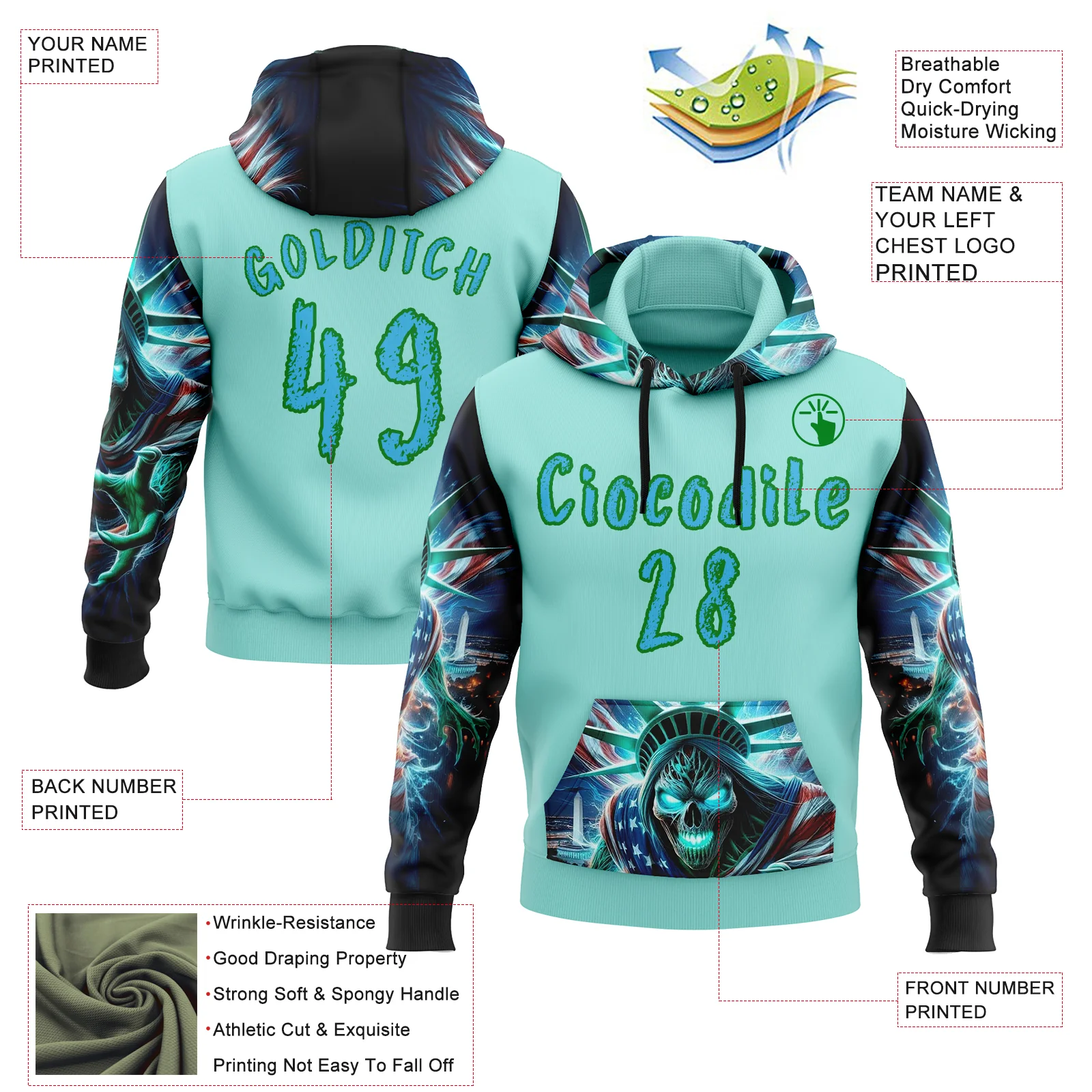 Custom Ice Blue Sky Blue-Grass Green 3D Skull Statue Of Liberty Sports Pullover Sweatshirt Hoodie