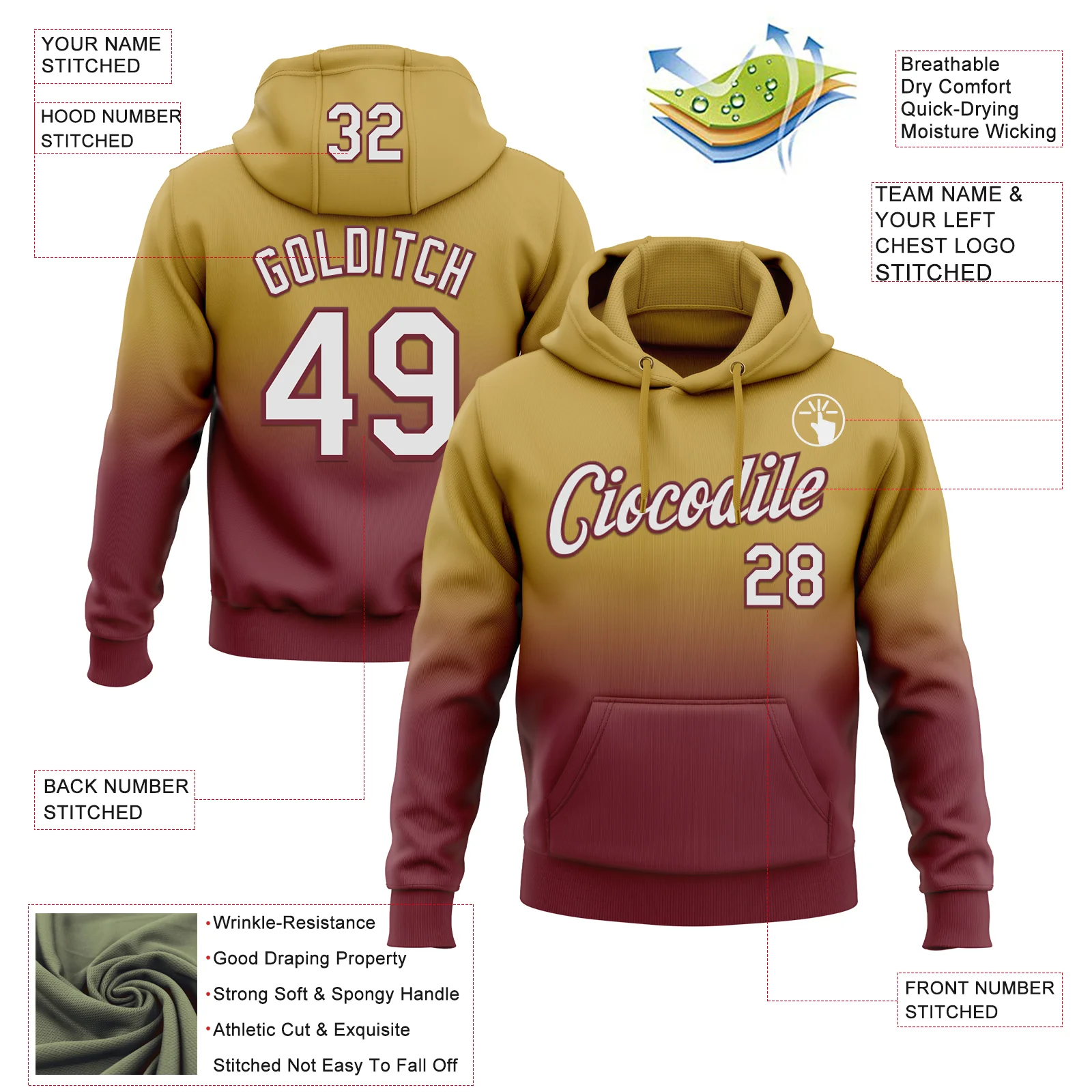 Custom Stitched Old Gold White-Burgundy Fade Fashion Sports Pullover Sweatshirt Hoodie
