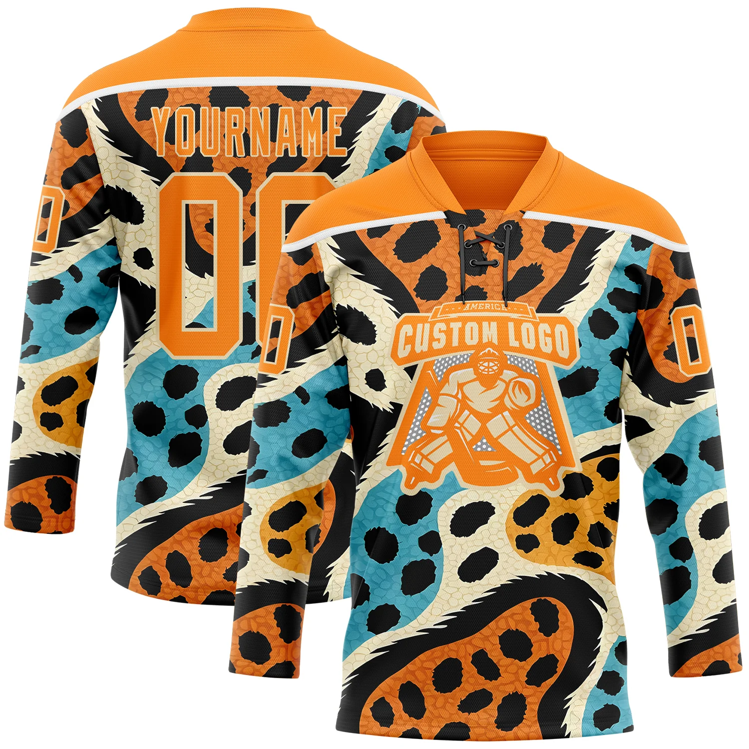 Custom Bay Orange Blue Black-Cream 3D Pattern Animal Print Hockey Lace Neck Jersey