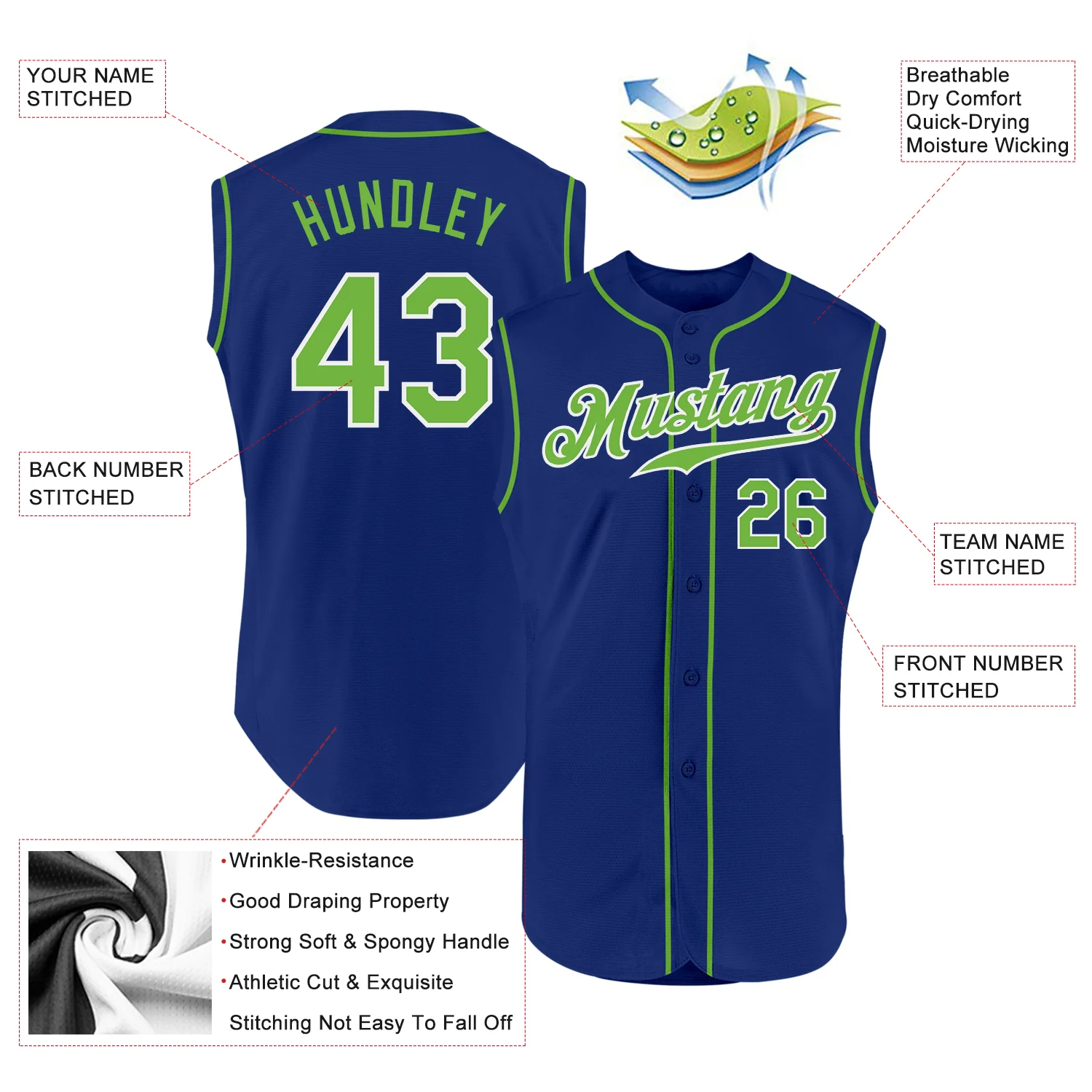 Custom Royal Neon Green-White Authentic Sleeveless Baseball Jersey