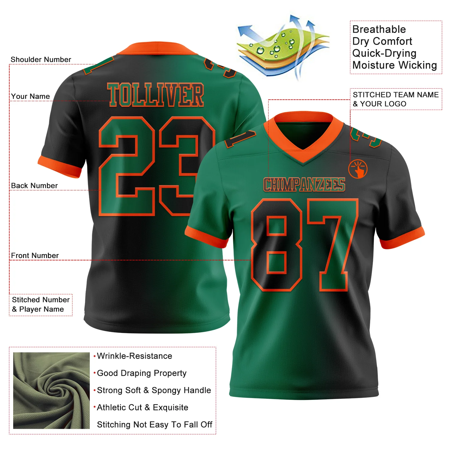 Custom Black Kelly Green-Orange Authentic Gradient Fashion Football Jersey