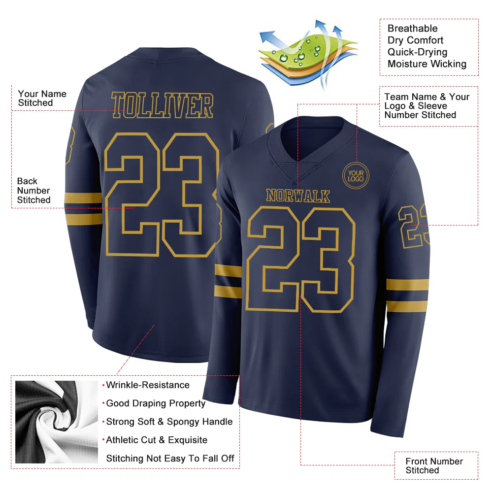 Custom Navy Old Gold Long Sleeve Authentic Football Jersey