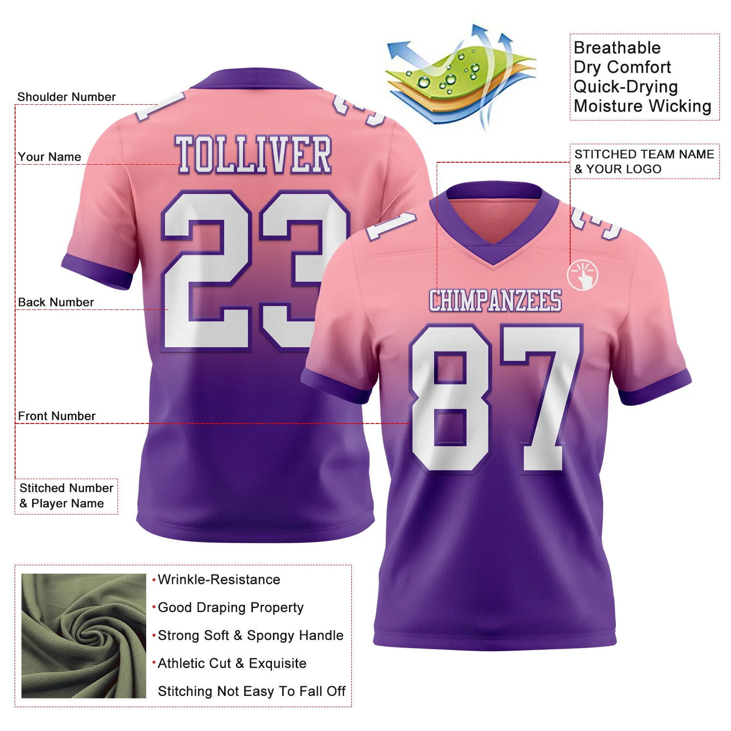 Custom Medium Pink White-Purple Authentic Fade Fashion Football Jersey
