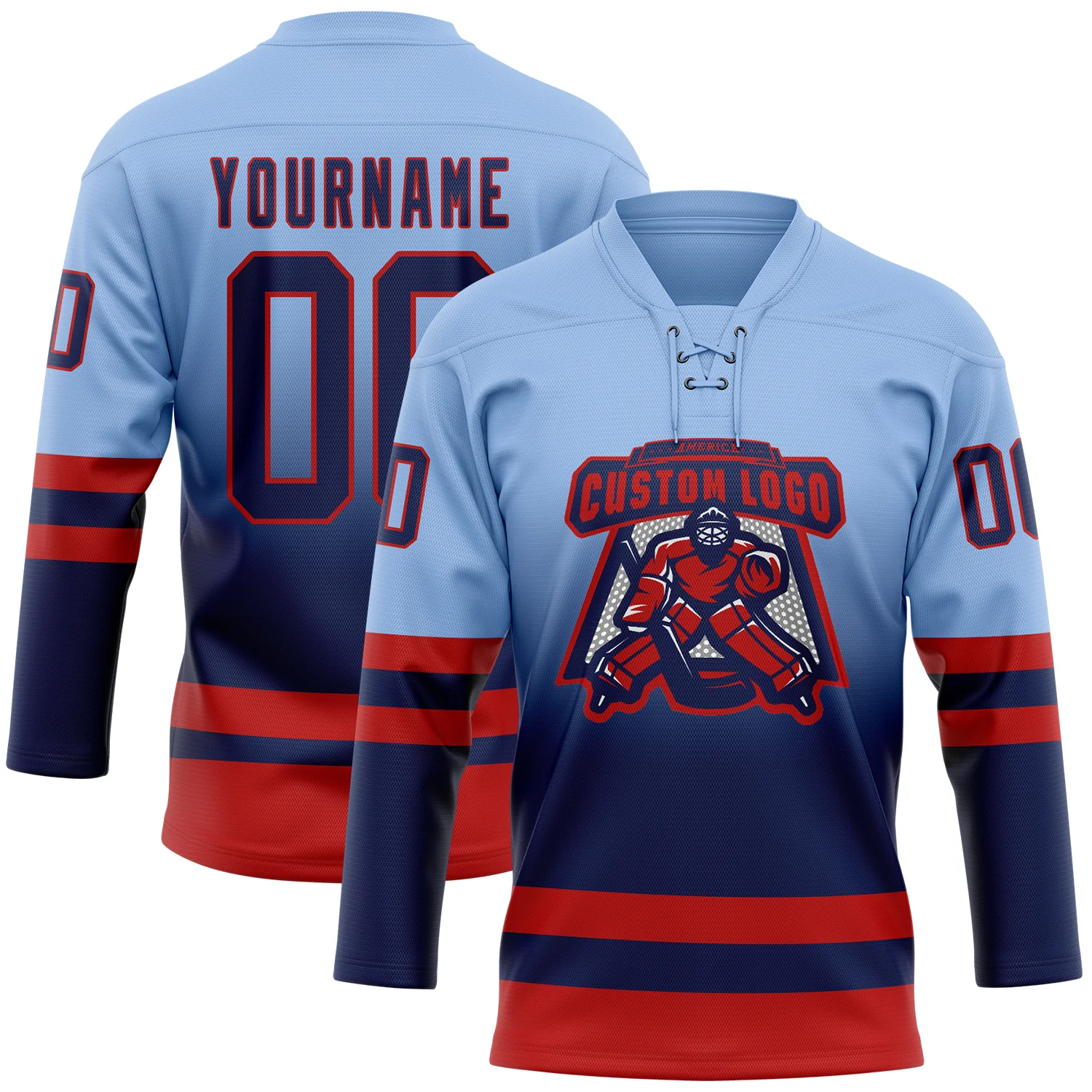 Custom Light Blue Navy-Red Fade Fashion Hockey Lace Neck Jersey