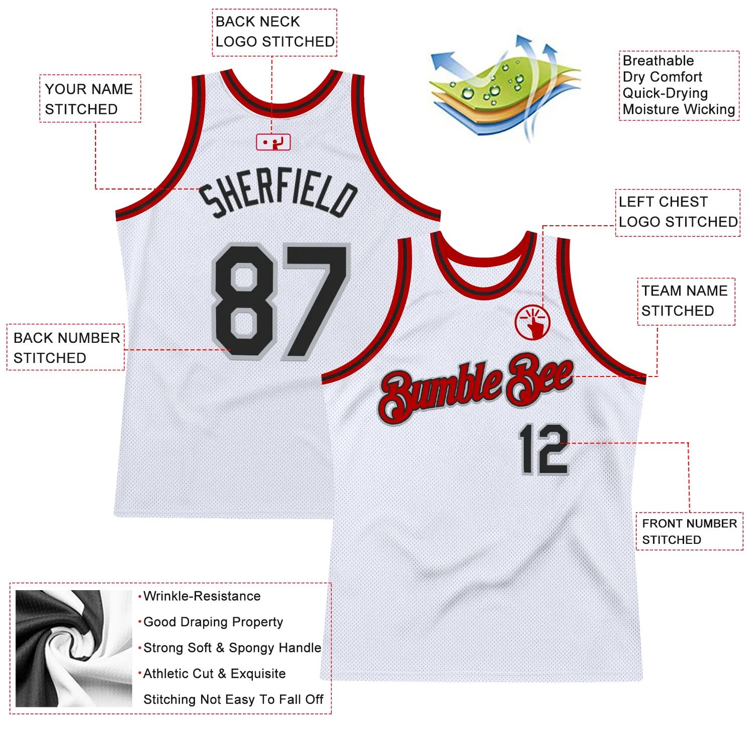 Custom White Black Gray-Red Authentic Throwback Basketball Jersey