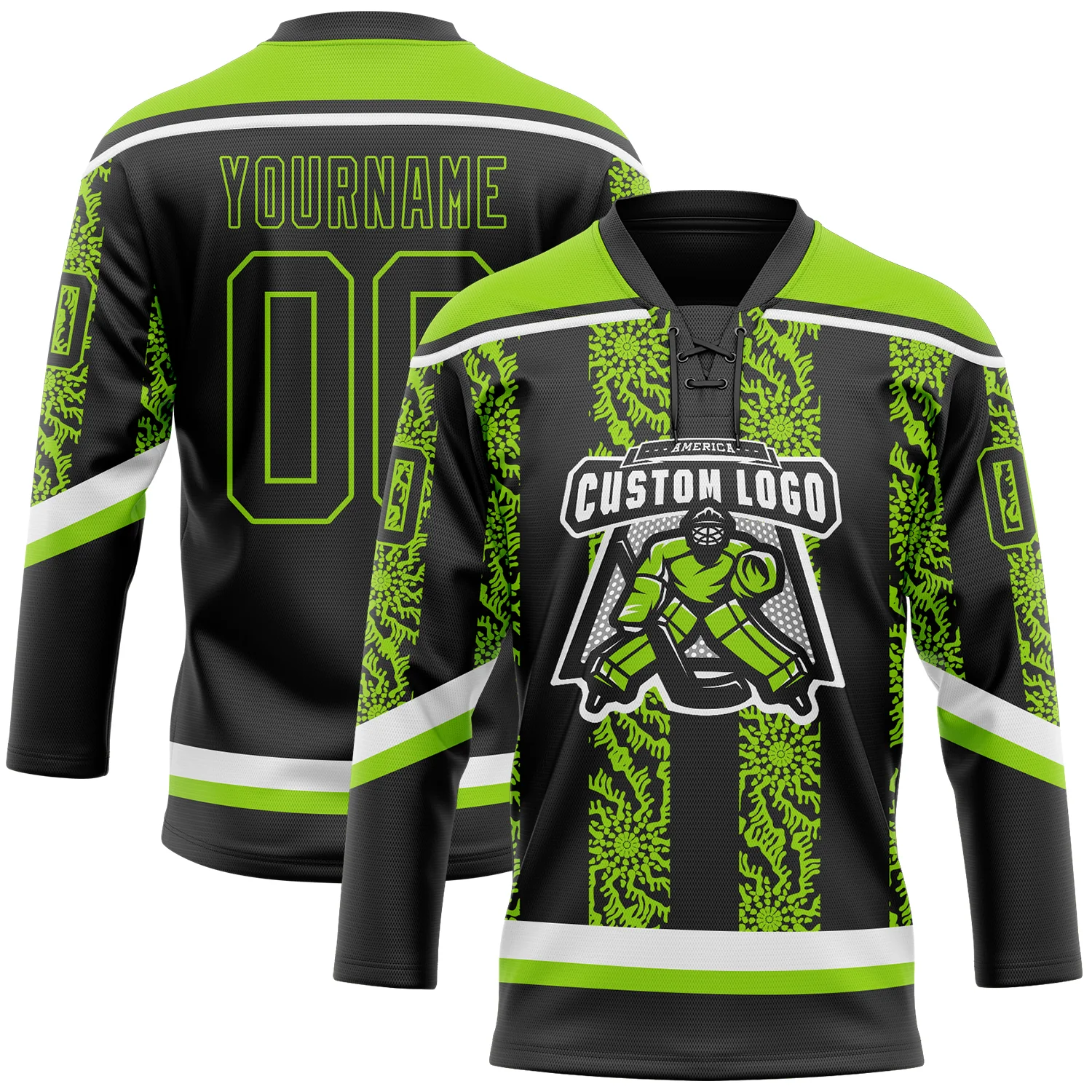 Custom Black Neon Green-White 3D Pattern Abstract Shape Hockey Lace Neck Jersey