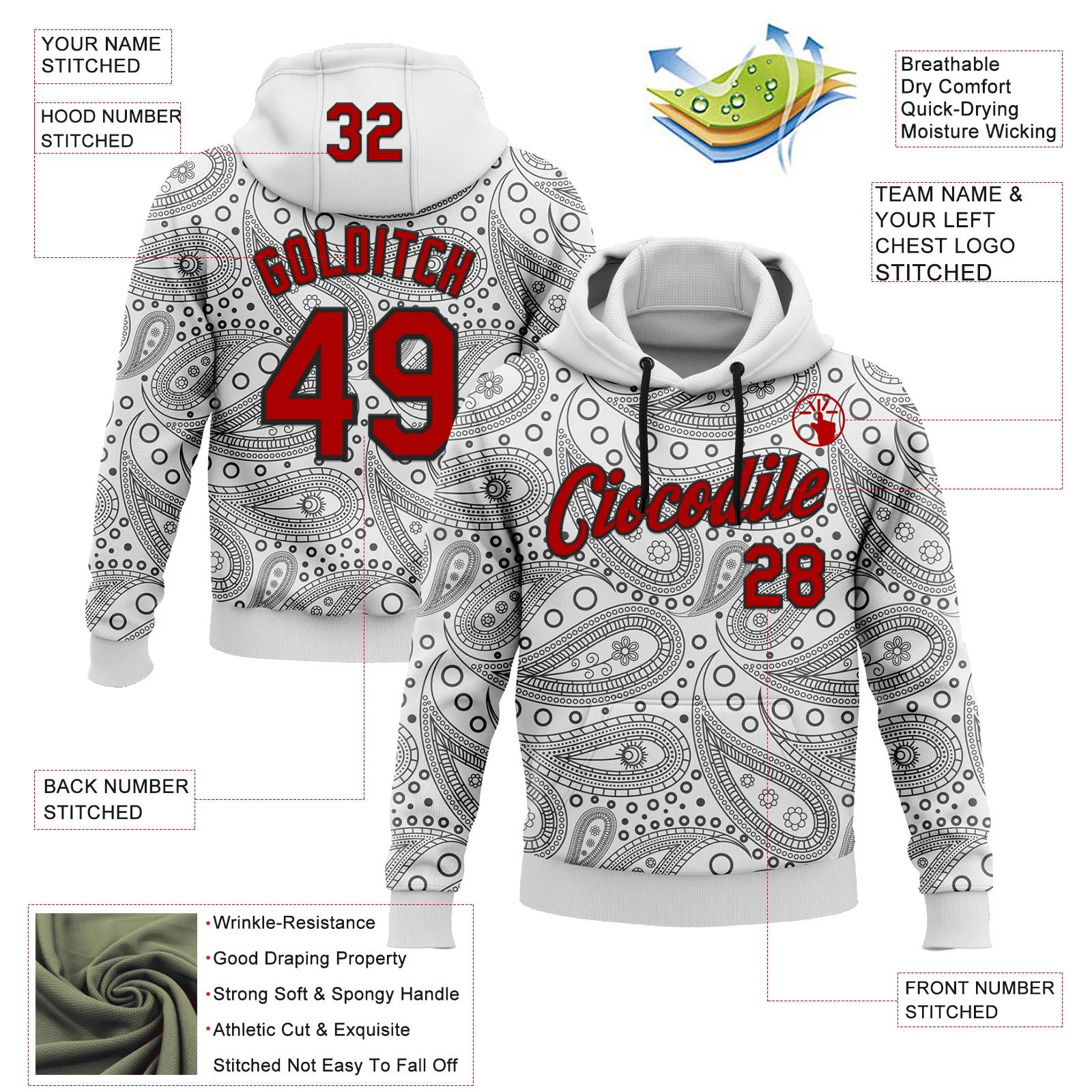 Custom Stitched White Red-Black 3D Pattern Design Ethnic Paisley Floral Bandana Sports Pullover Sweatshirt Hoodie