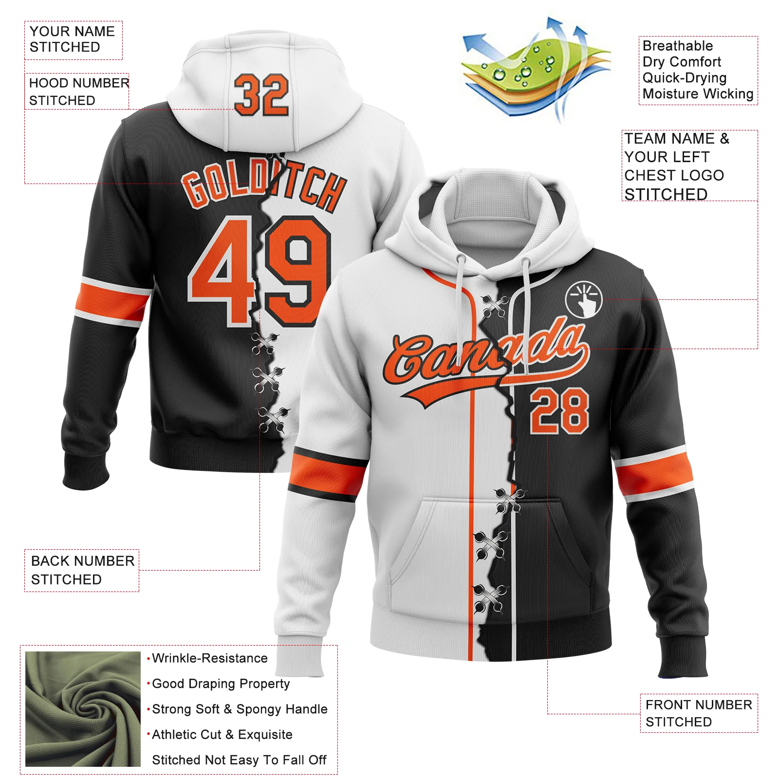Custom Black Orange-White Split Ripped Pattern Baseball Pullover Sweatshirt Hoodie