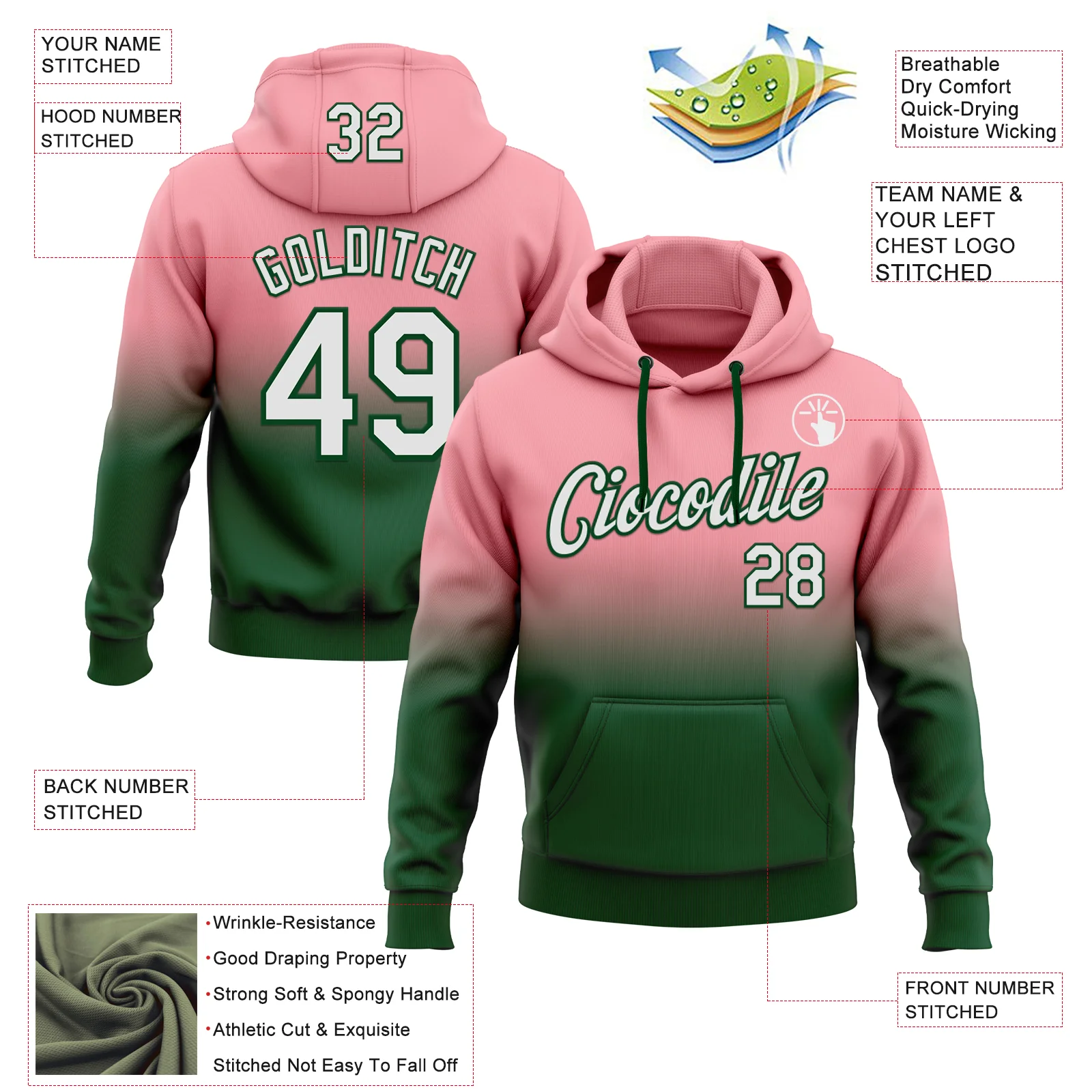Custom Stitched Medium Pink White-Green Fade Fashion Sports Pullover Sweatshirt Hoodie