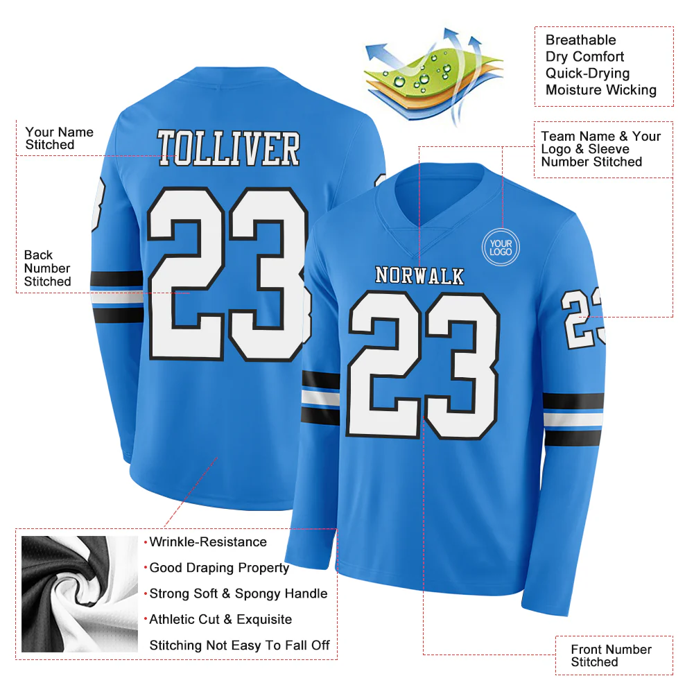 Custom Powder Blue White-Black Long Sleeve Authentic Football Jersey