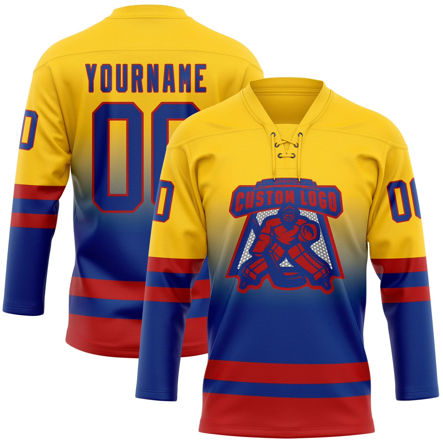 Custom Yellow Royal-Red Fade Fashion Hockey Lace Neck Jersey