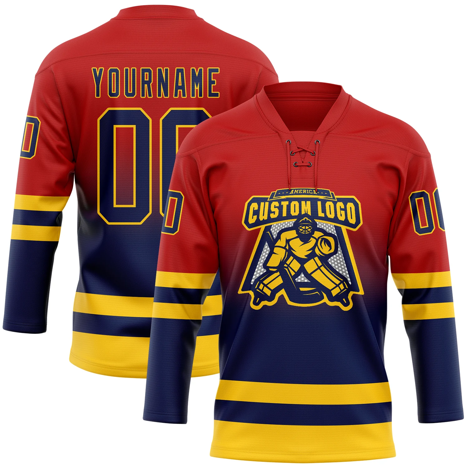 Custom Red Navy-Yellow Fade Fashion Hockey Lace Neck Jersey