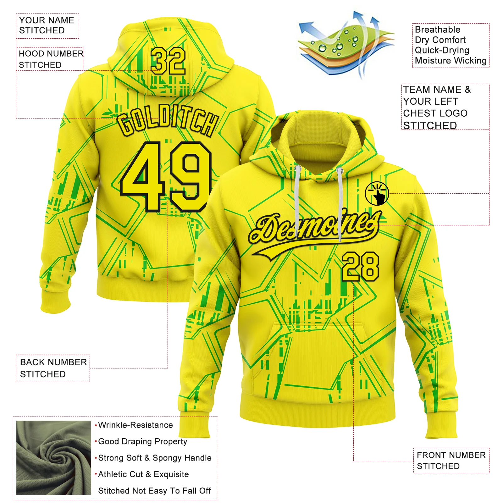 Custom Stitched Light Yellow Green-Black 3D Pattern Design Line Sportswear Pullover Sweatshirt Hoodie