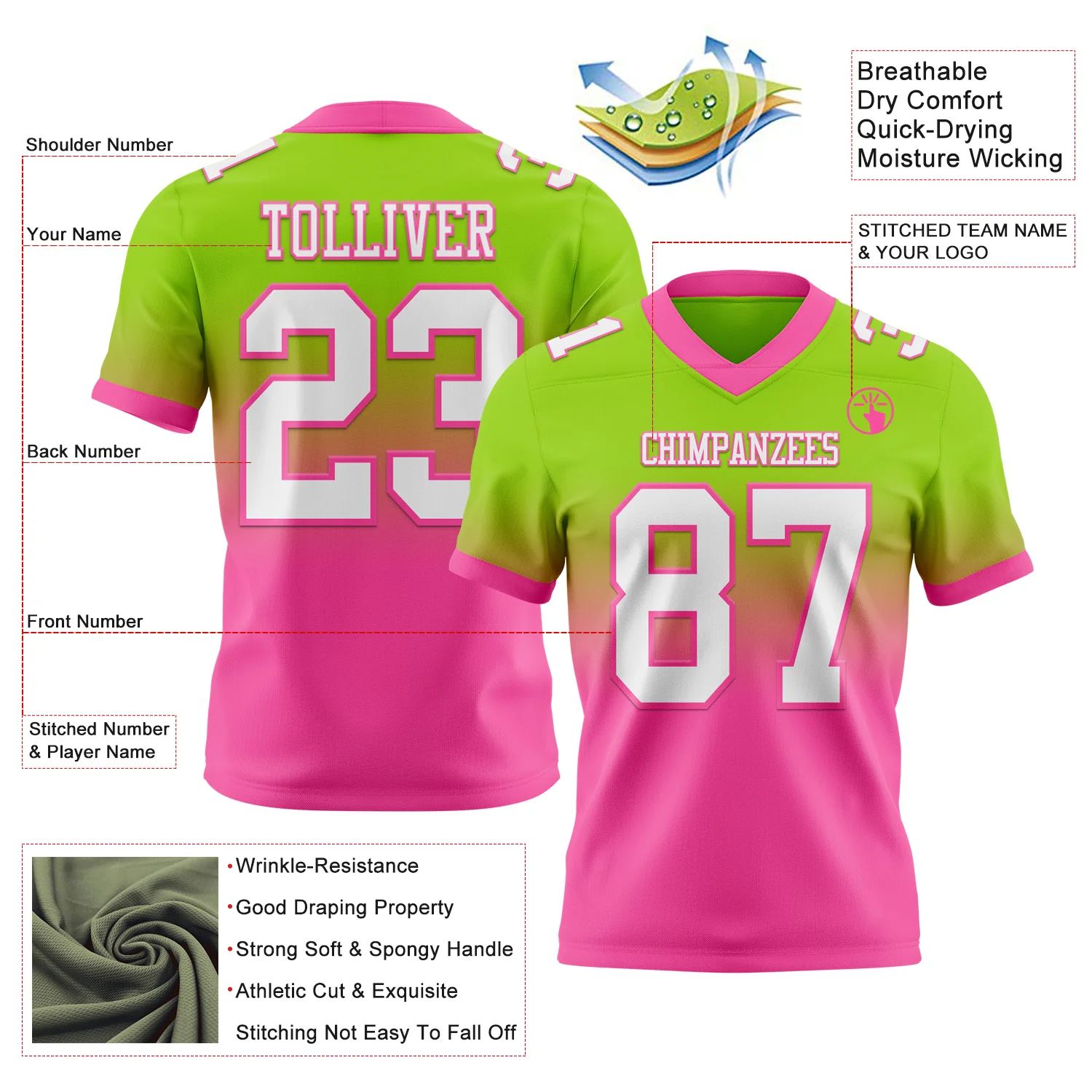 Custom Neon Green White-Pink Authentic Fade Fashion Football Jersey