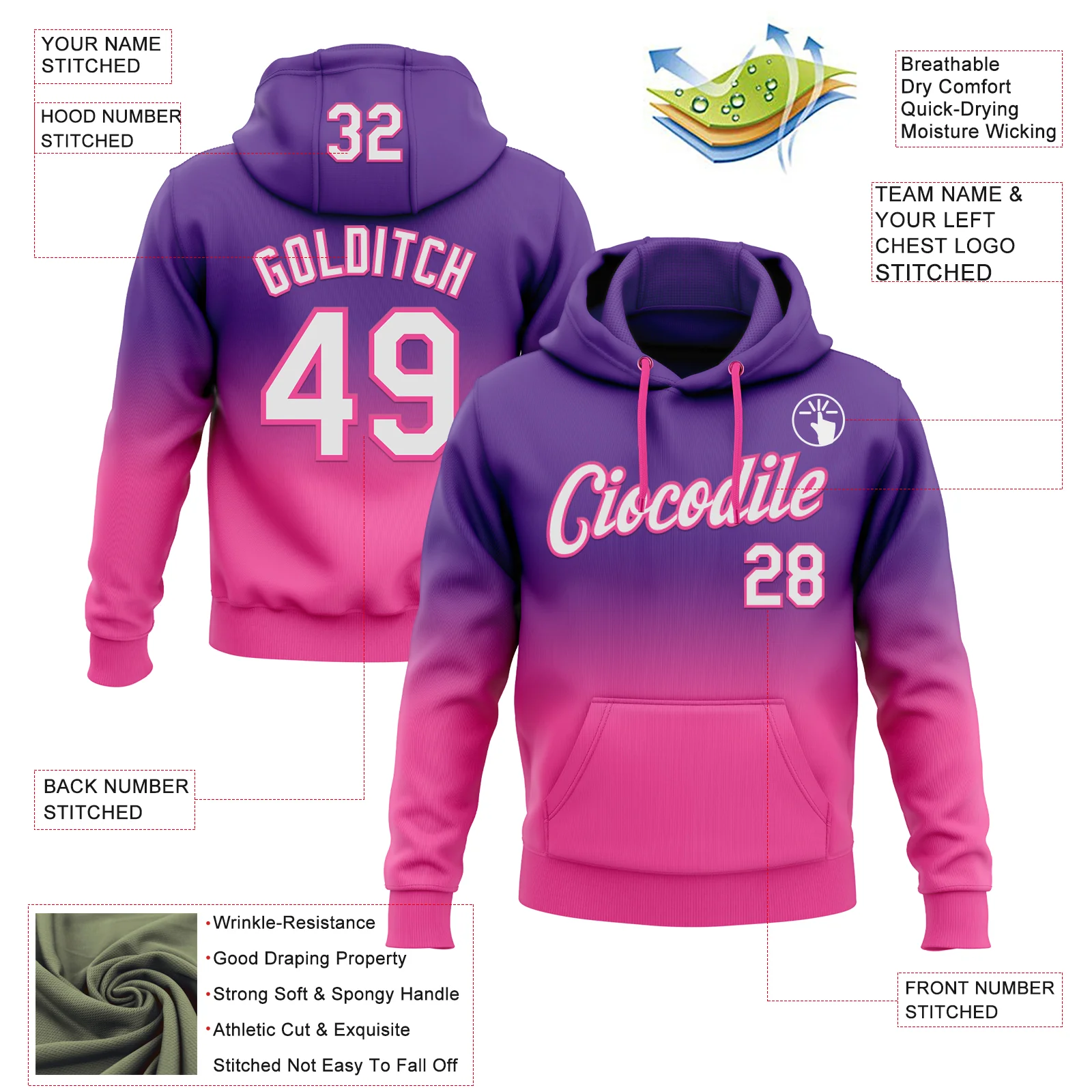 Custom Stitched Purple White-Pink Fade Fashion Sports Pullover Sweatshirt Hoodie