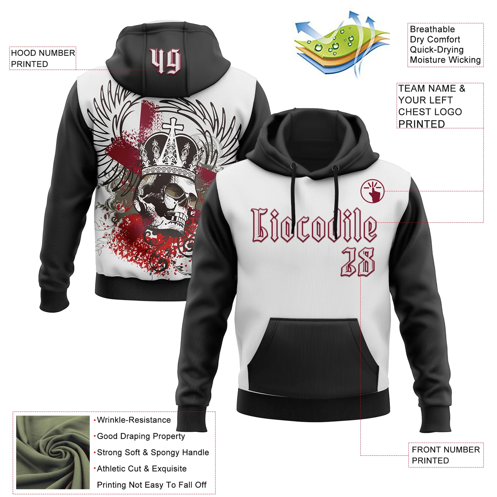 Custom White Black-Crimson 3D Skull Gothic Emperor Royalty Sports Pullover Sweatshirt Hoodie