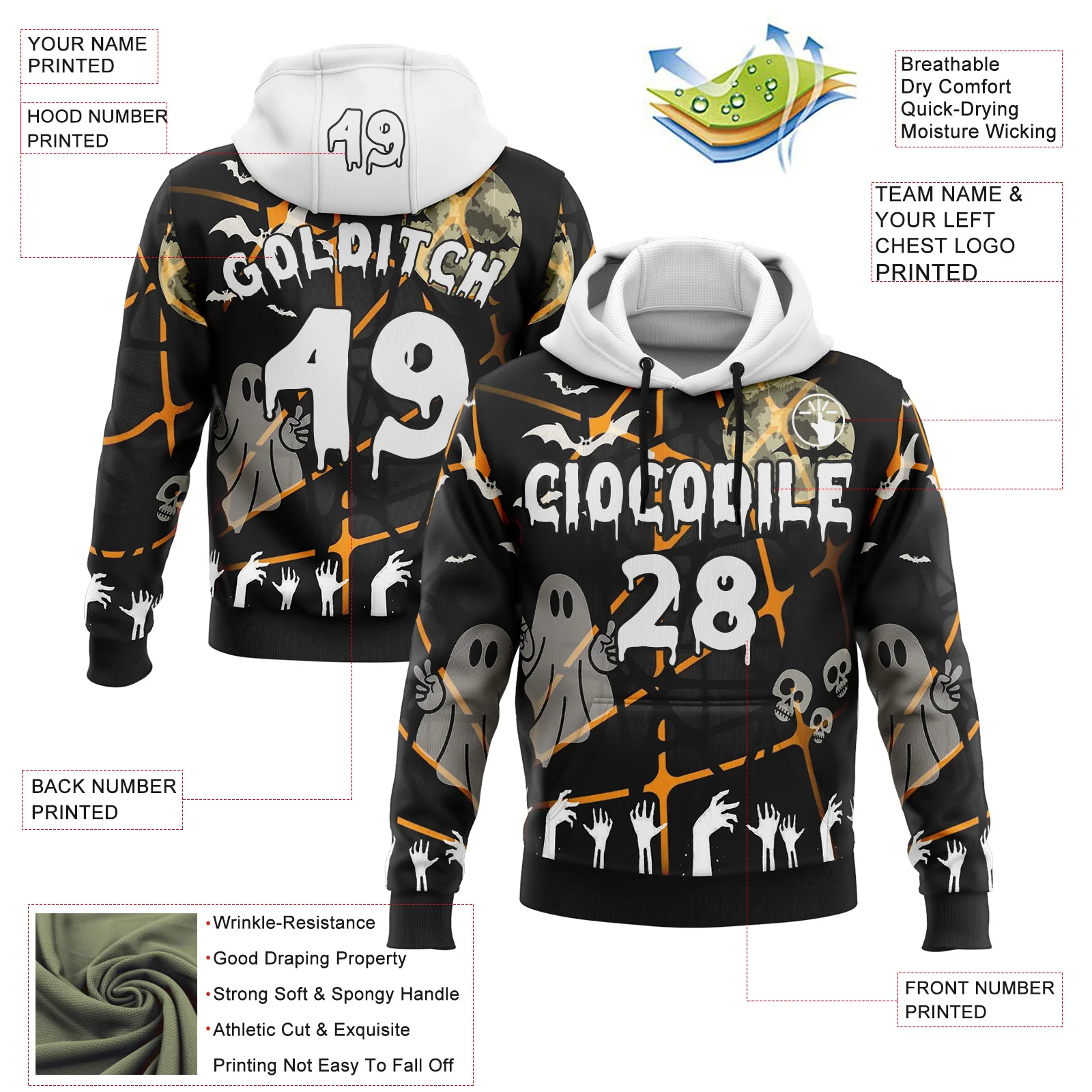 Custom Black White 3D Halloween Zombies Spooky Stripe Sports Pullover Sweatshirt Hoodie