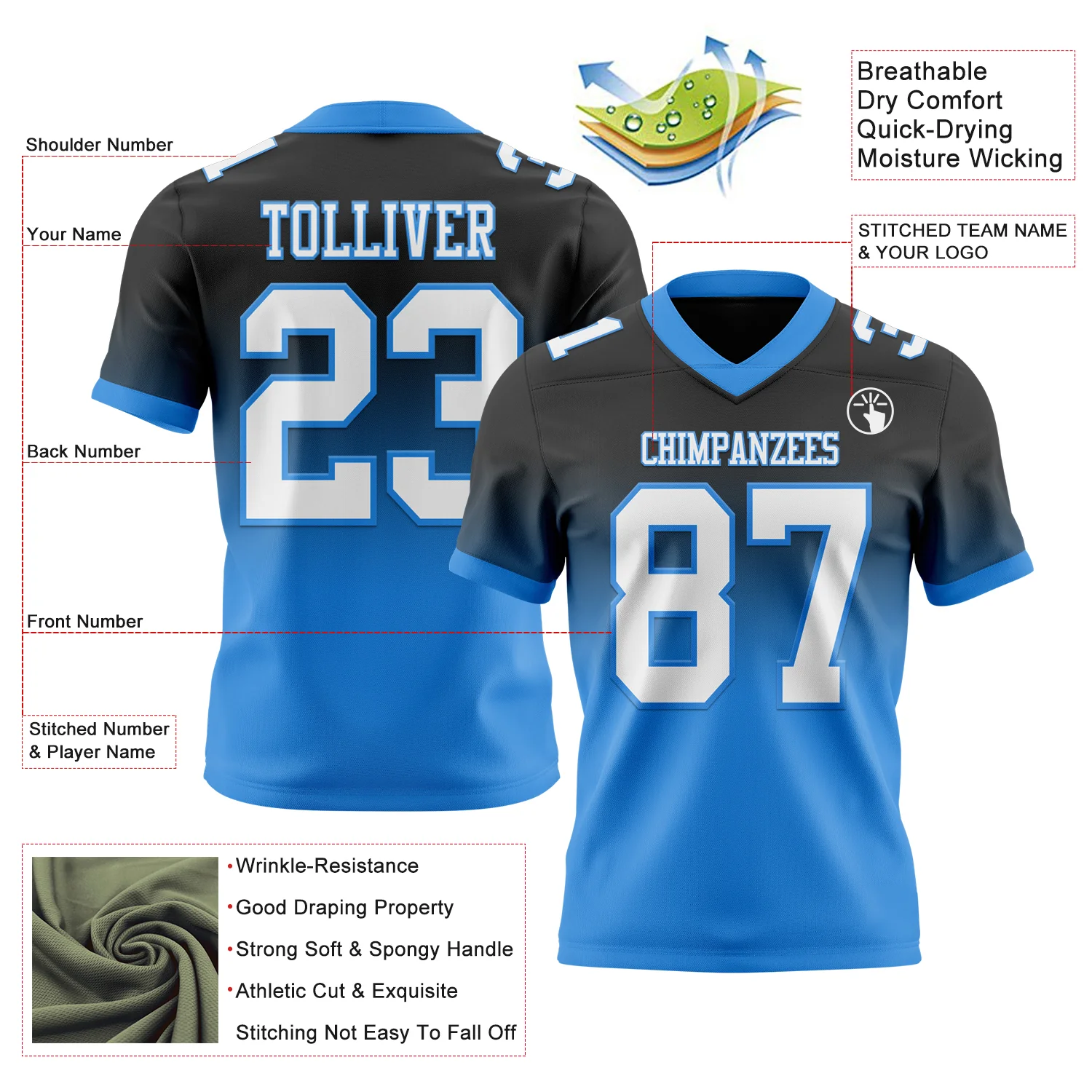 Custom Black White-Powder Blue Authentic Fade Fashion Football Jersey