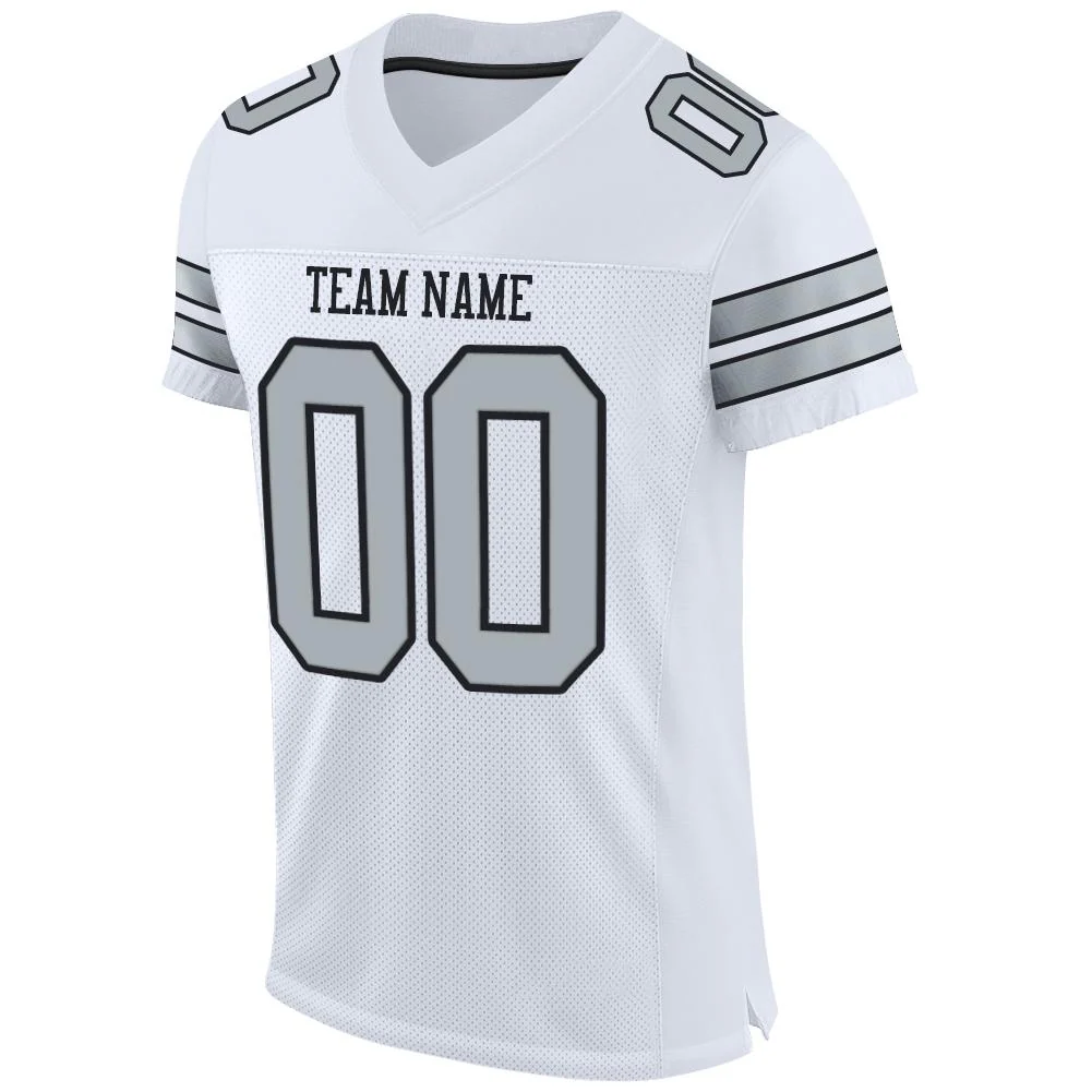 Custom White Silver-Black Mesh Authentic Football Jersey