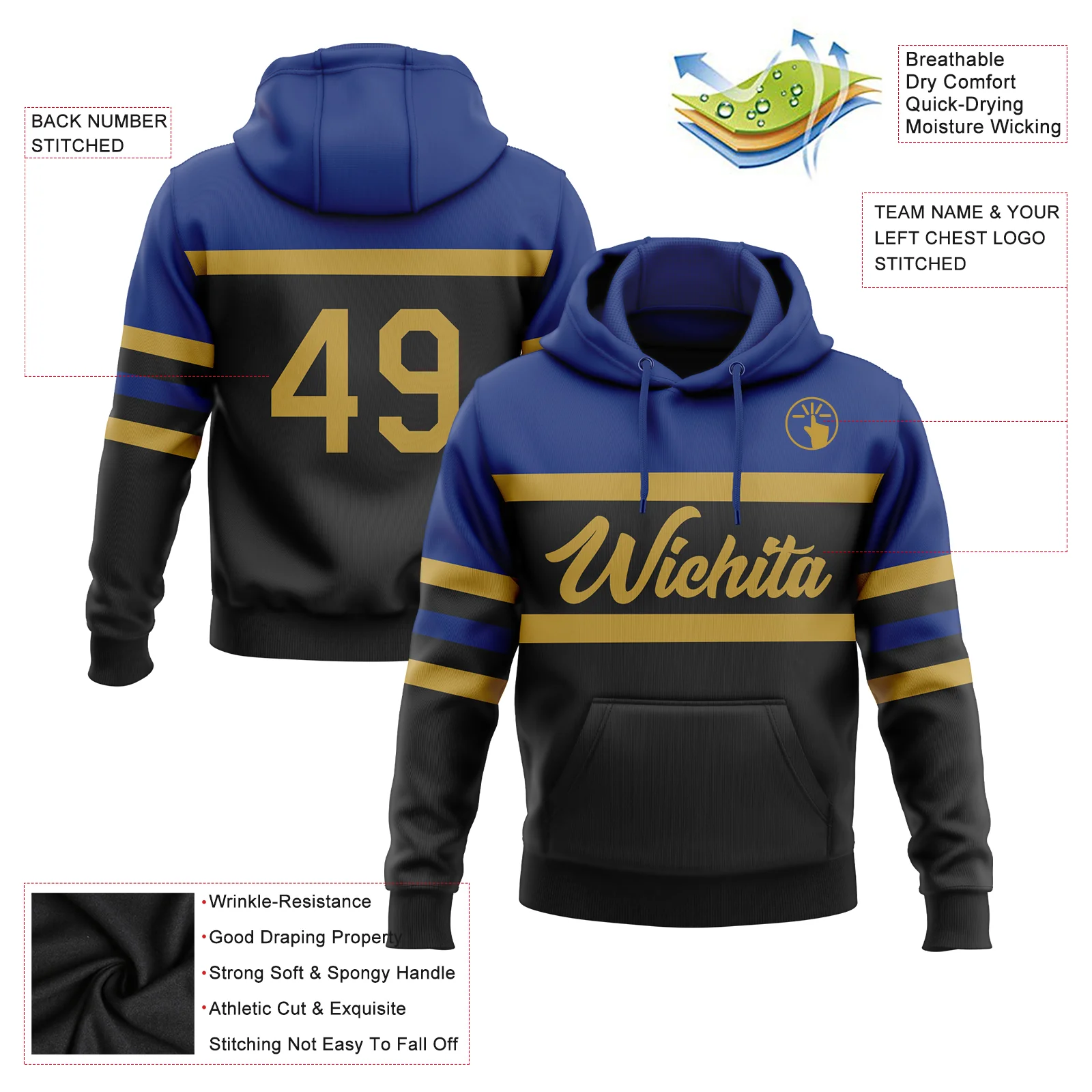 Custom Stitched Black Old Gold-Royal Line Sports Pullover Sweatshirt Hoodie