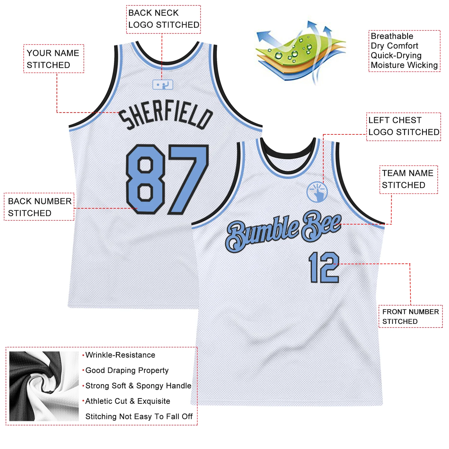 Custom White Light Blue-Black Authentic Throwback Basketball Jersey
