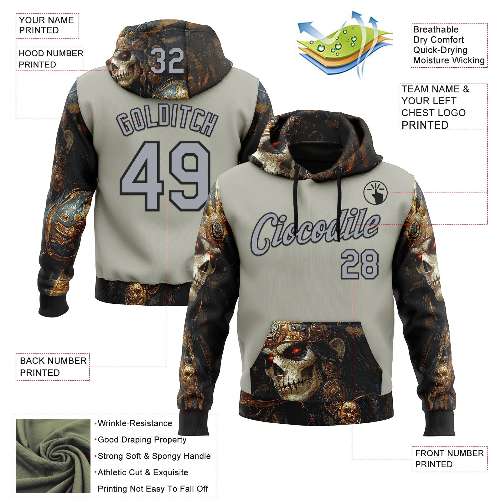 Custom Gray Black 3D Skull Sports Pullover Sweatshirt Hoodie