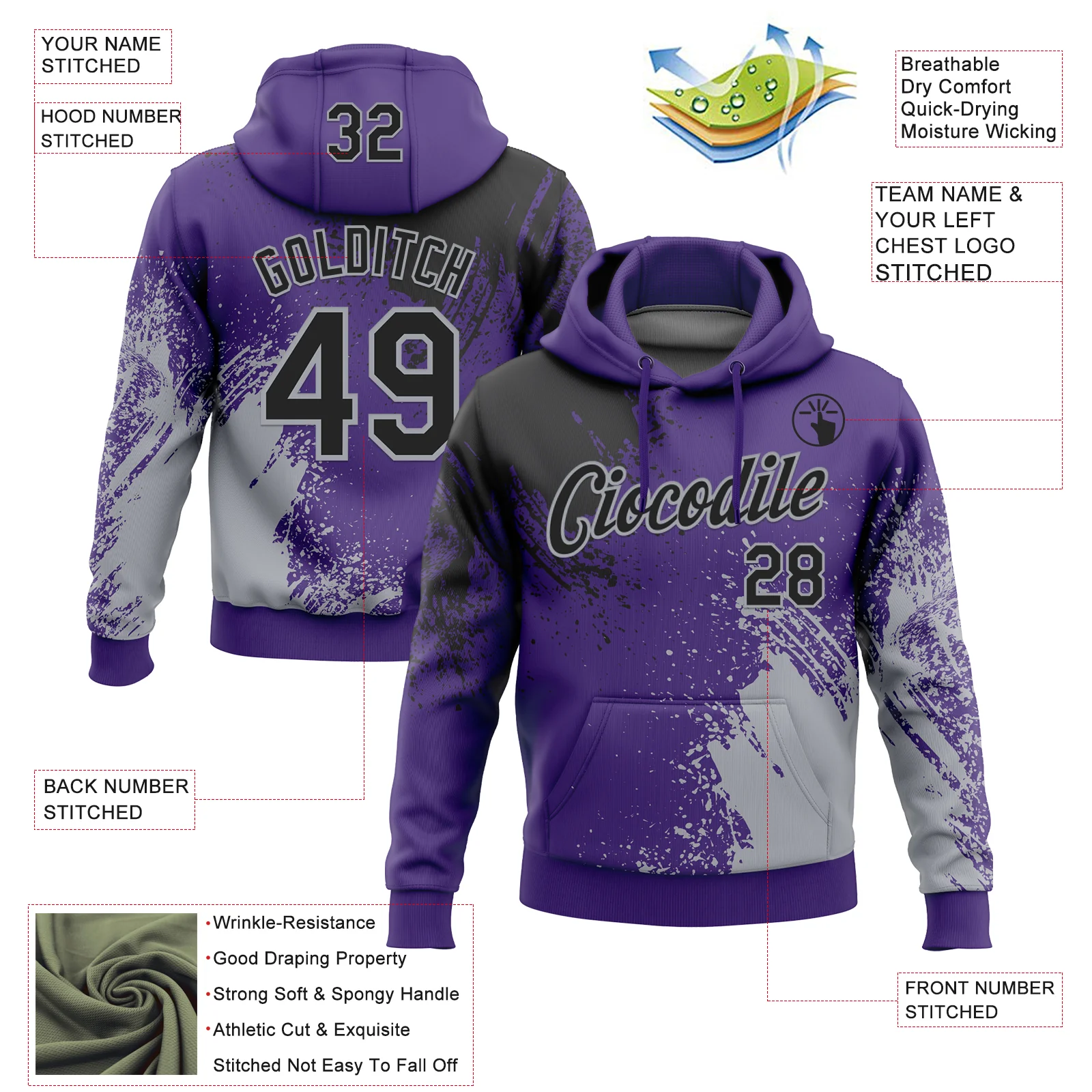 Custom Stitched Purple Black-Gray 3D Pattern Design Abstract Brush Stroke Sports Pullover Sweatshirt Hoodie