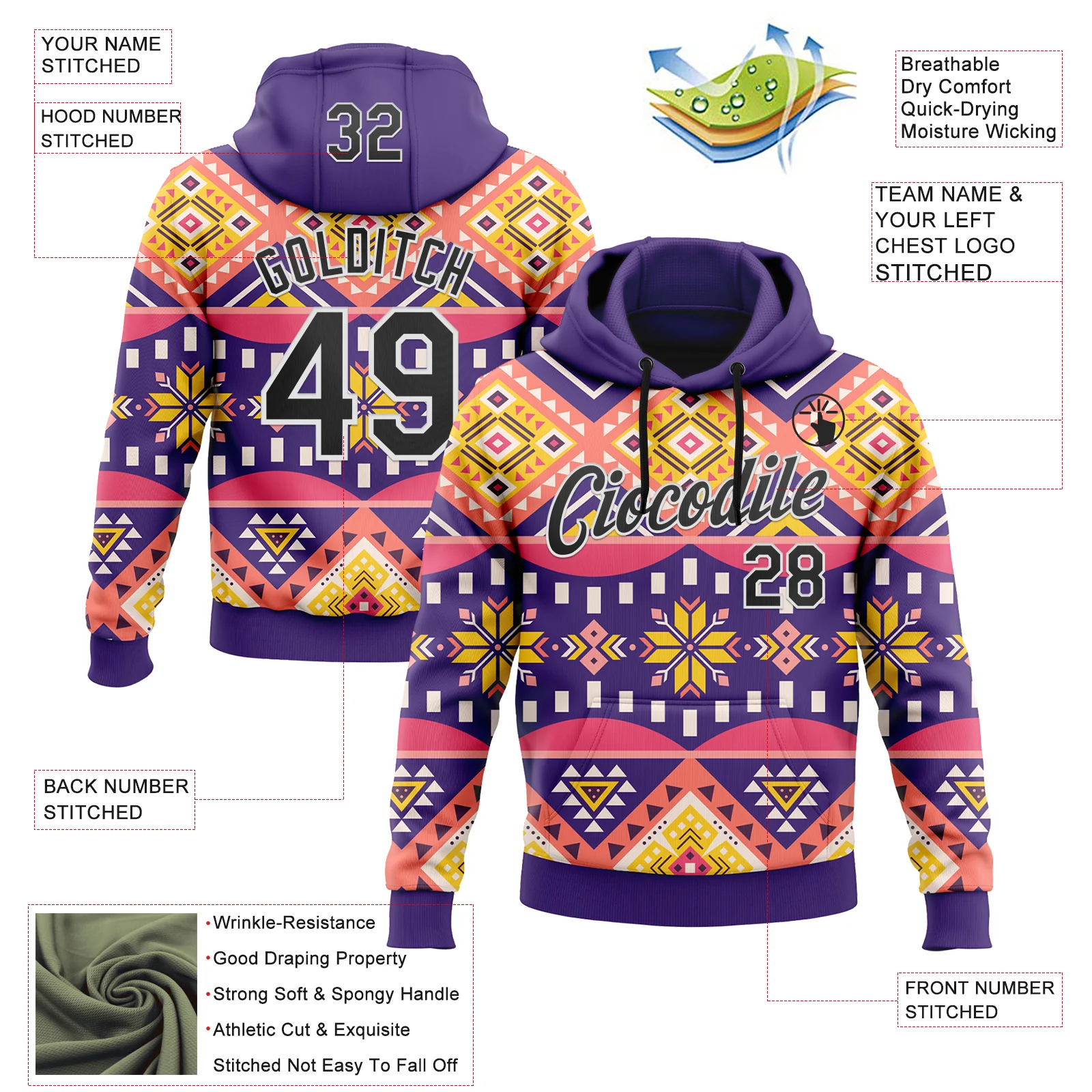 Custom Stitched Purple Black Pink Yellow-White 3D Mexico Aztec Pattern Sports Pullover Sweatshirt Hoodie