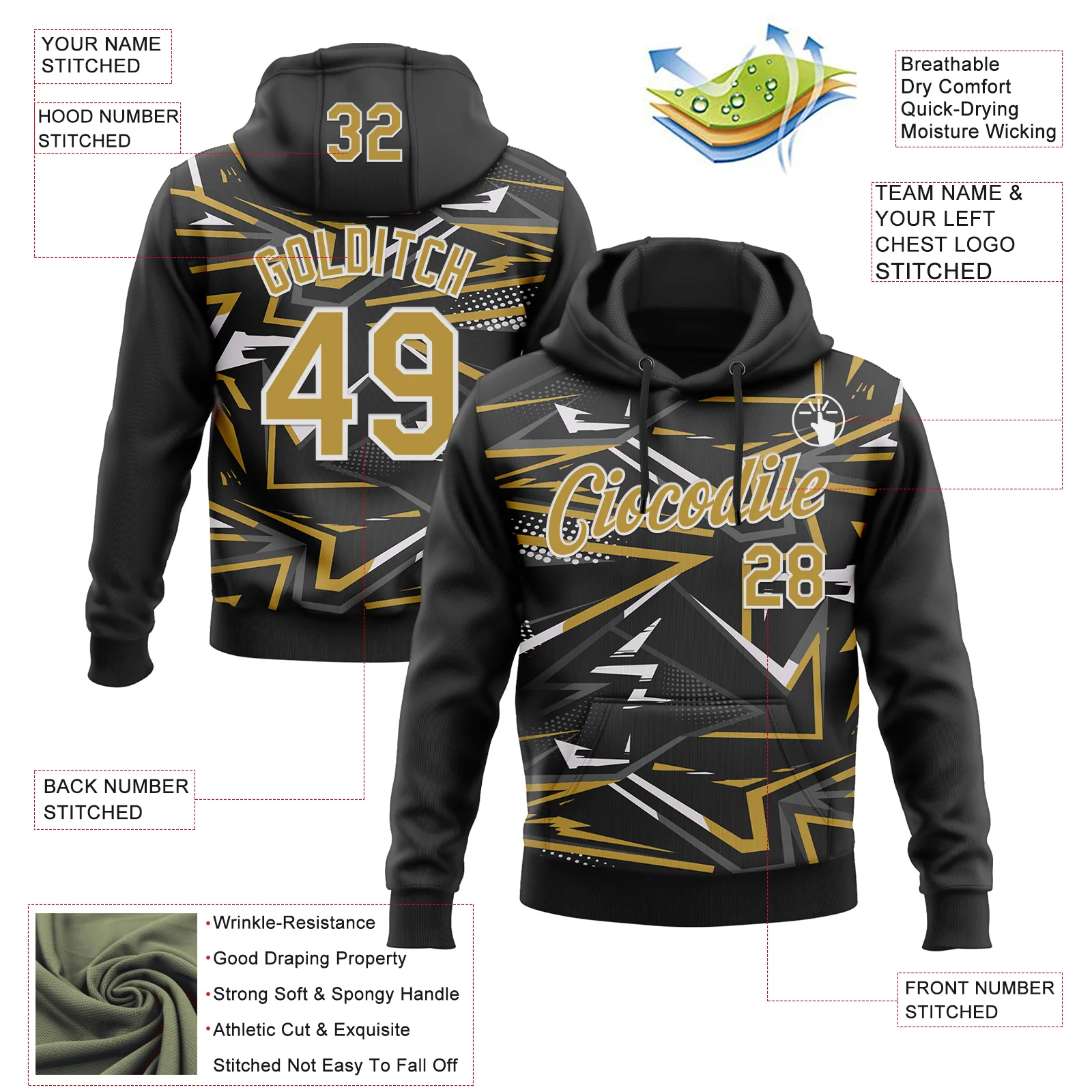 Custom Stitched Black Old Gold-White 3D Pattern Design Line Sports Pullover Sweatshirt Hoodie