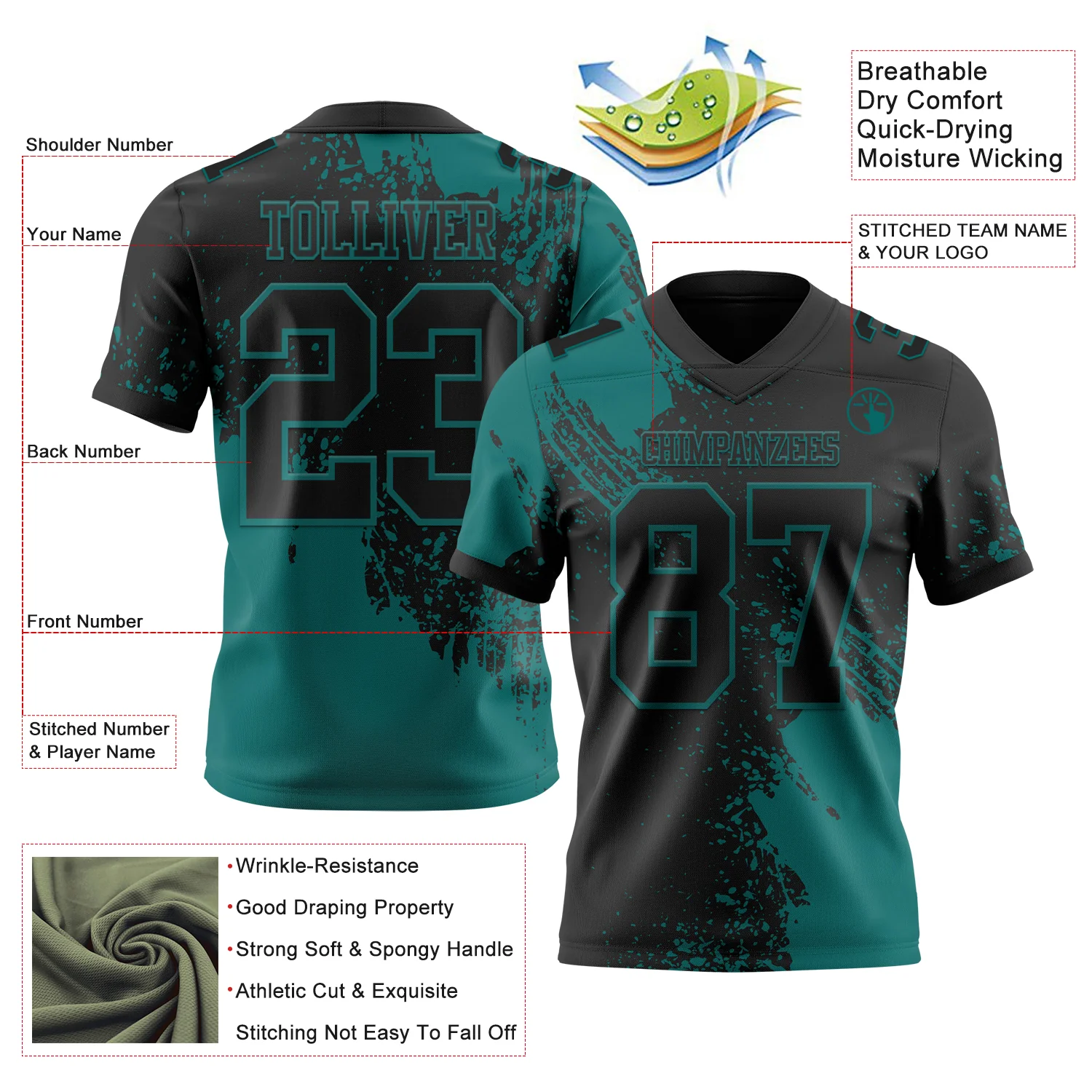 Custom Black Teal 3D Pattern Abstract Brush Stroke Authentic Football Jersey