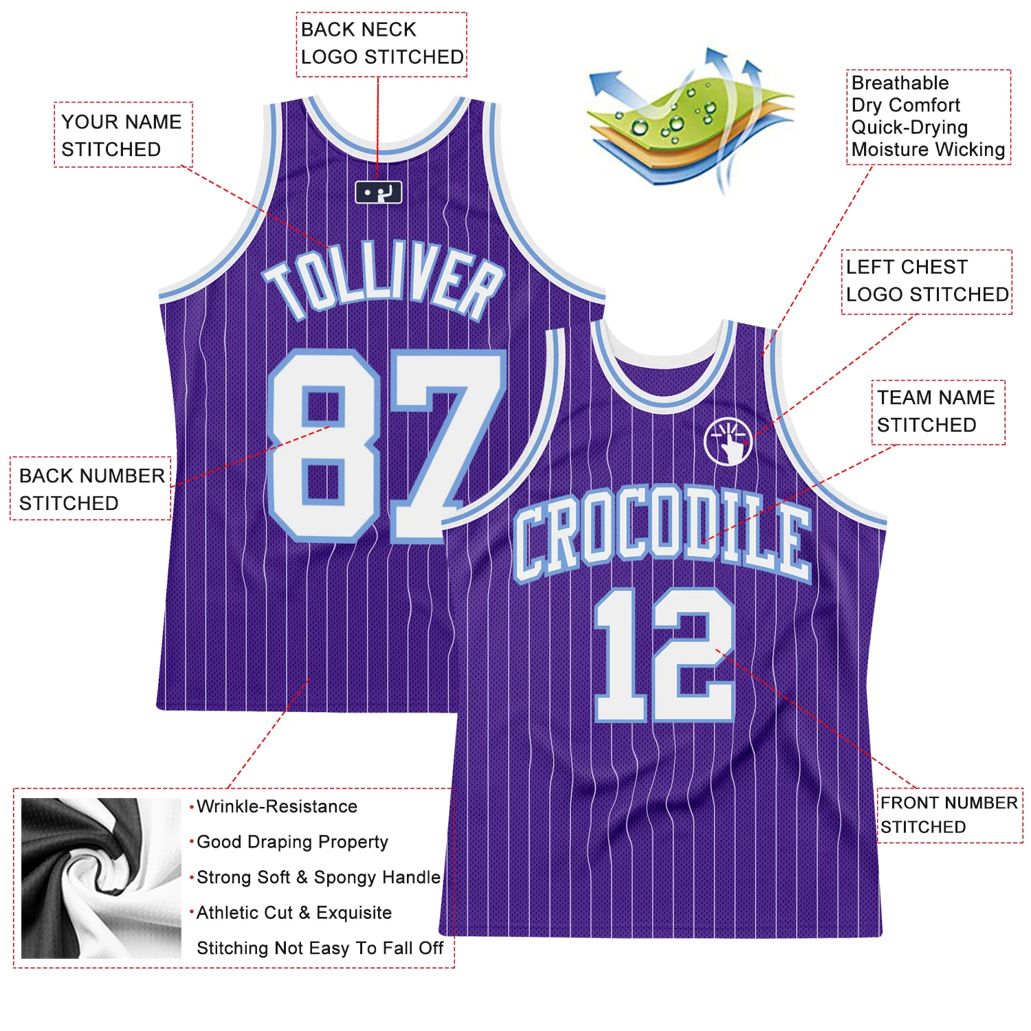 Custom Purple White Pinstripe White-Light Blue Authentic Basketball Jersey