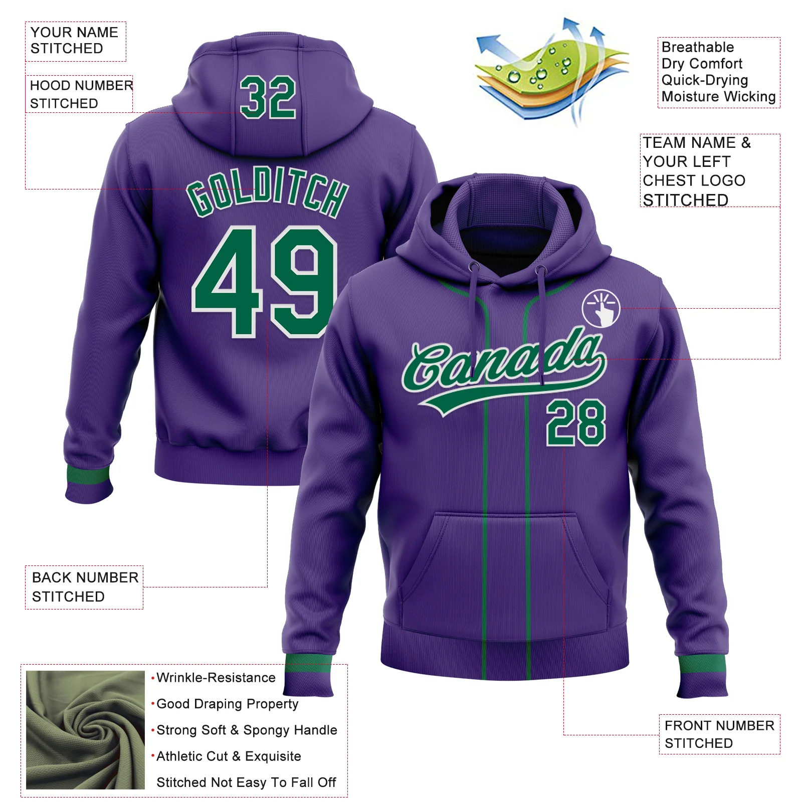 Custom Stitched Purple Kelly Green-White Baseball Pullover Sweatshirt Hoodie