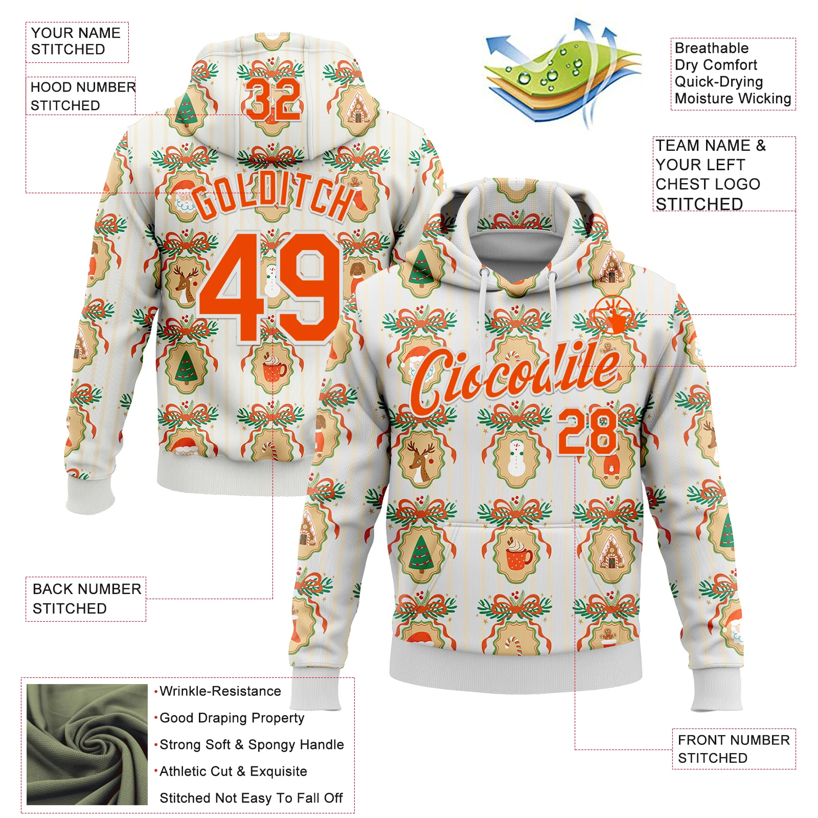 Custom Stitched White Orange-White 3D Christmas Sports Pullover Sweatshirt Hoodie