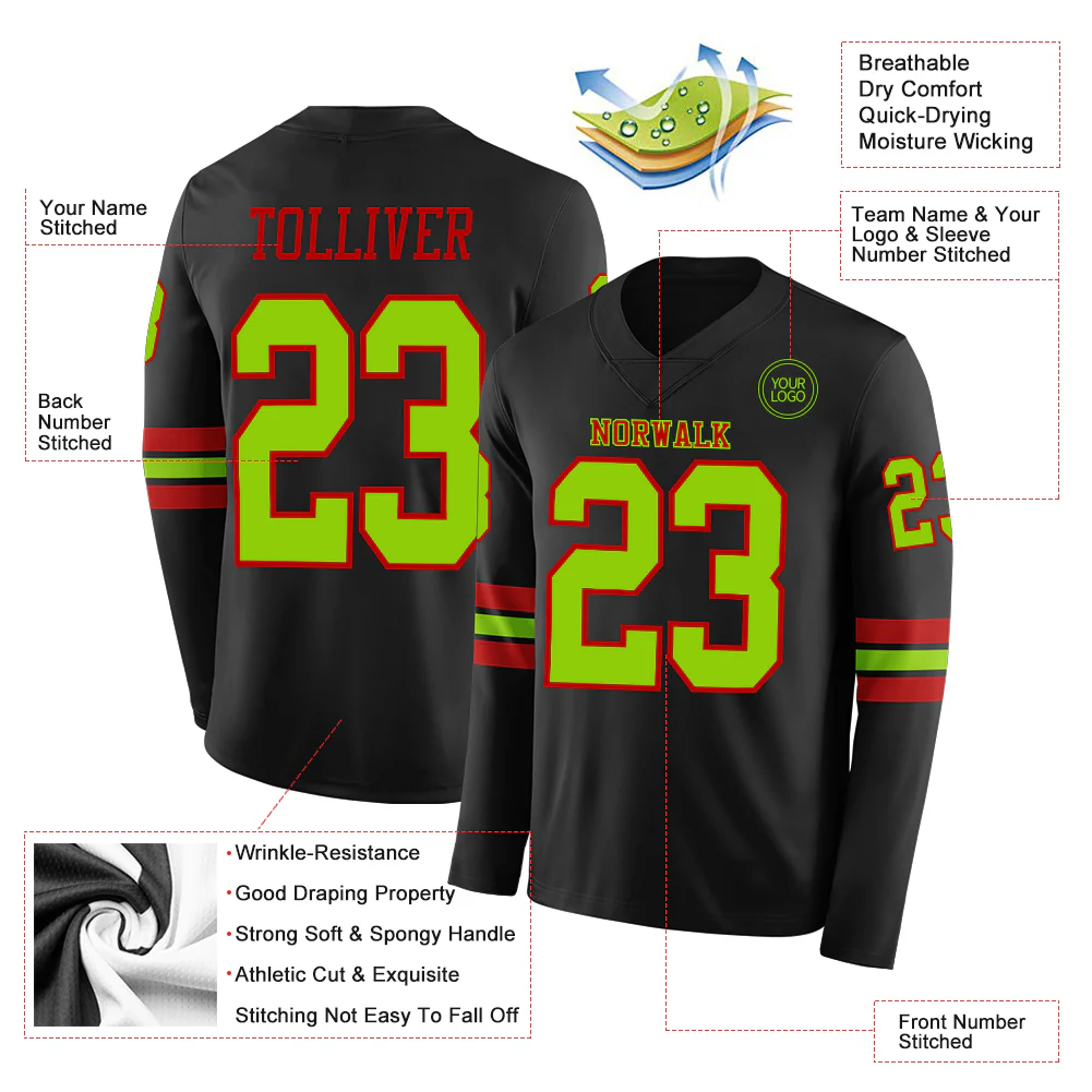 Custom Black Neon Green-Red Long Sleeve Authentic Football Jersey