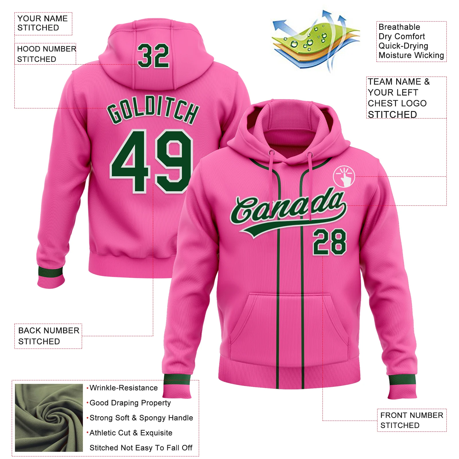 Custom Stitched Pink Green-White Baseball Pullover Sweatshirt Hoodie