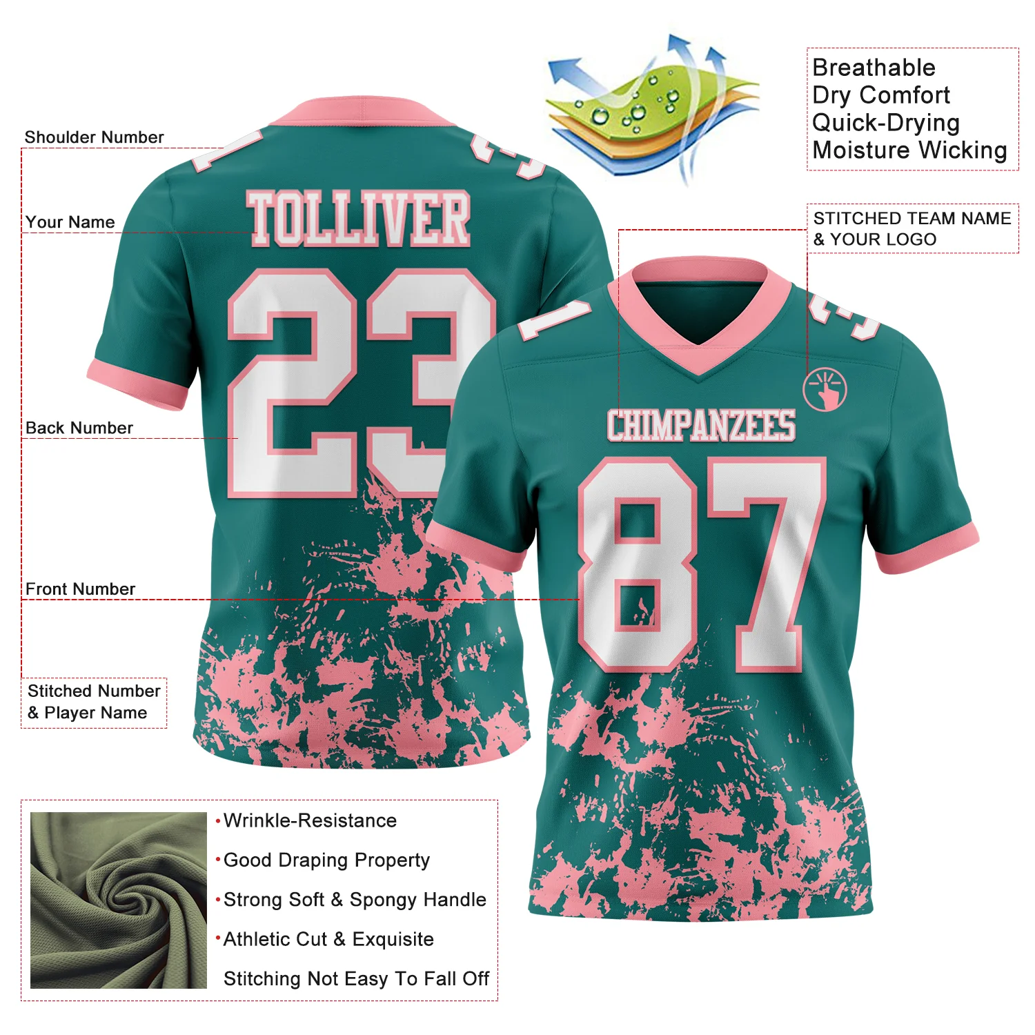 Custom Teal White-Medium Pink 3D Pattern Splash Authentic Football Jersey