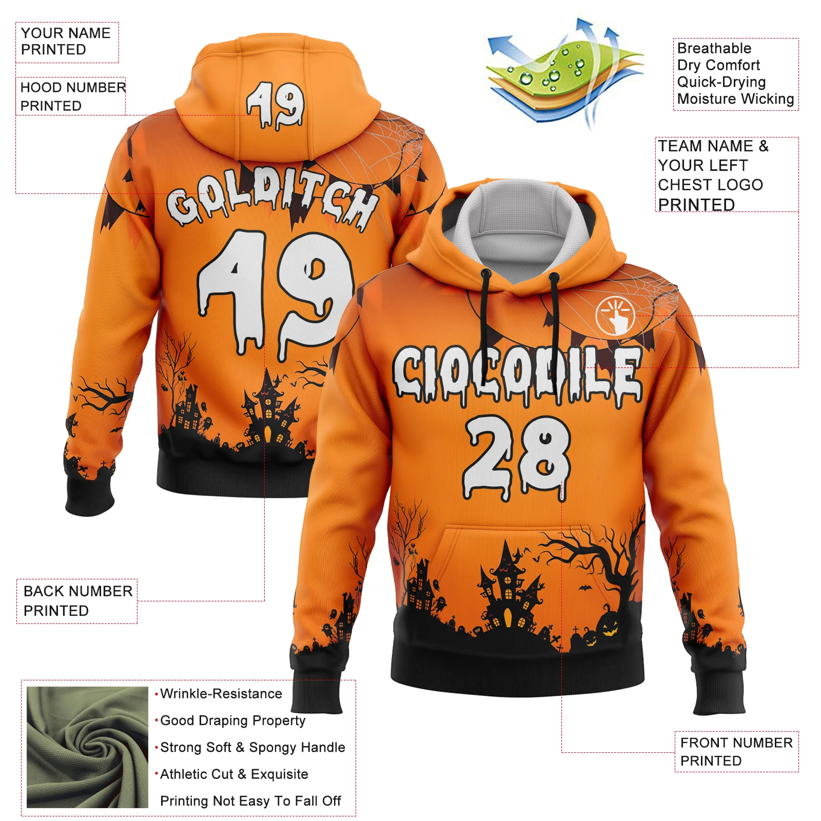 Custom Orange White-Black 3D Halloween Spider Net Spooky Sports Pullover Sweatshirt Hoodie