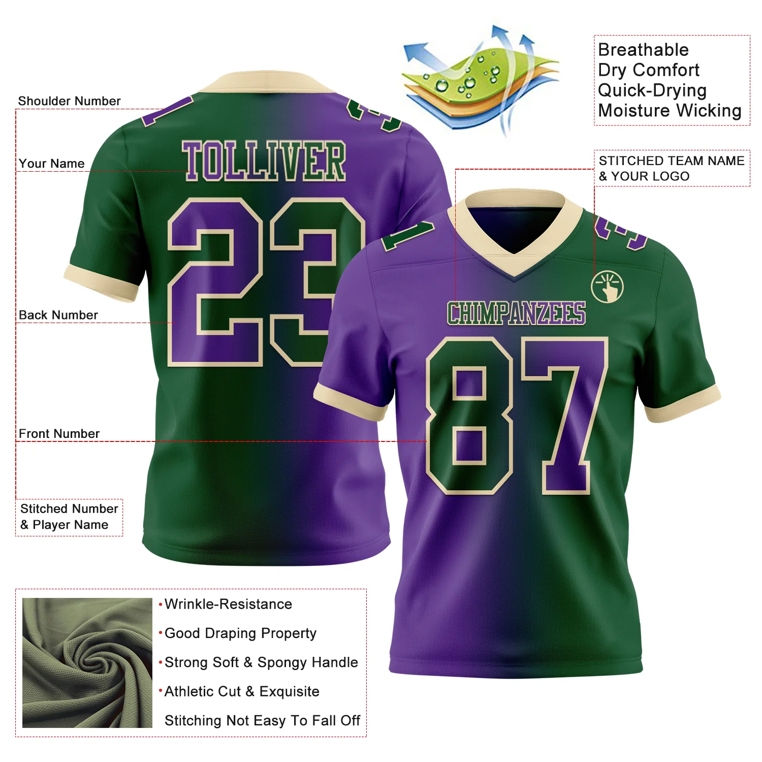 Custom Green Purple-Cream Authentic Gradient Fashion Football Jersey